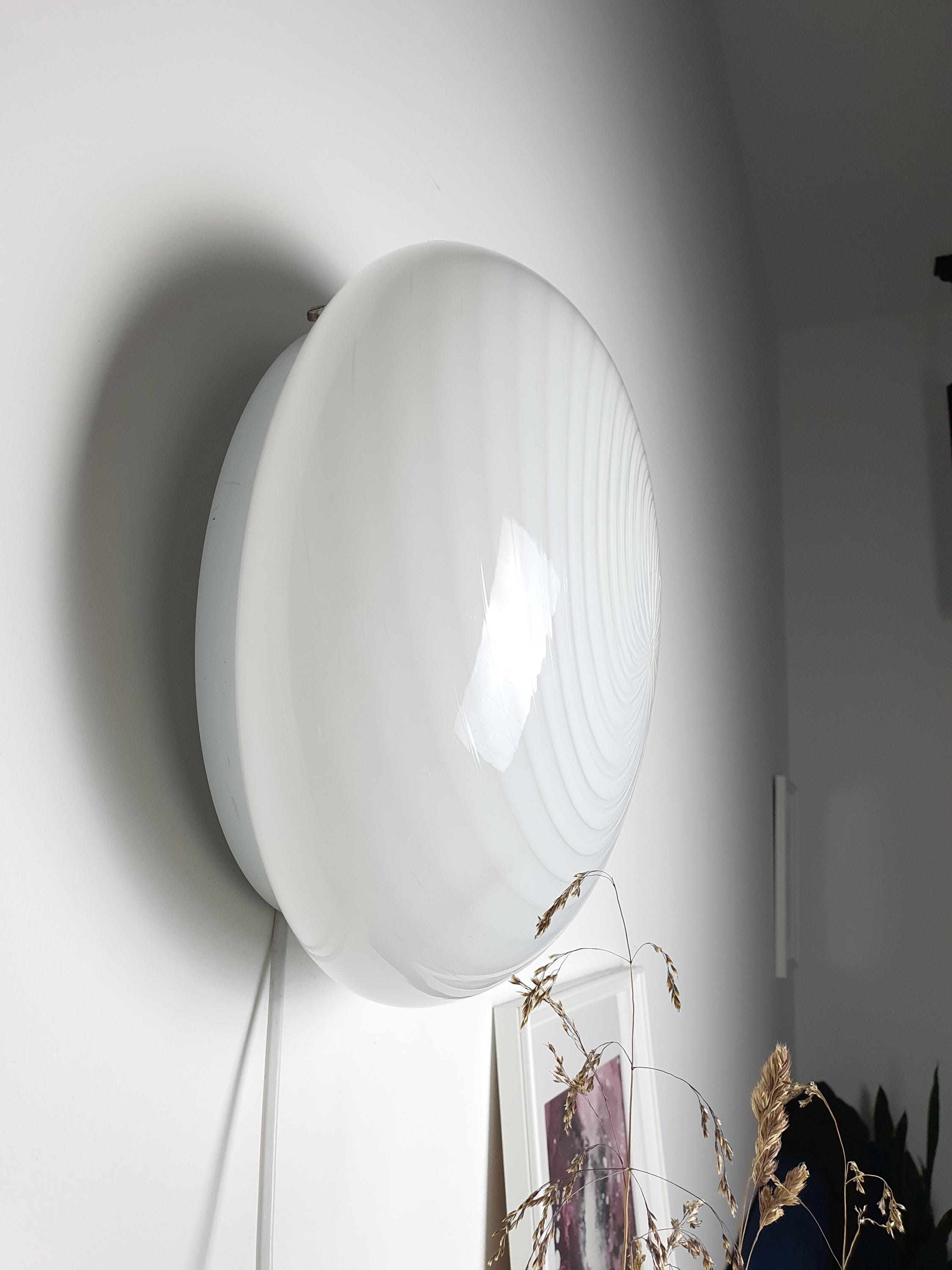 Vintage Murano Glass Flush Mount Light: White Swirl MCM Decor