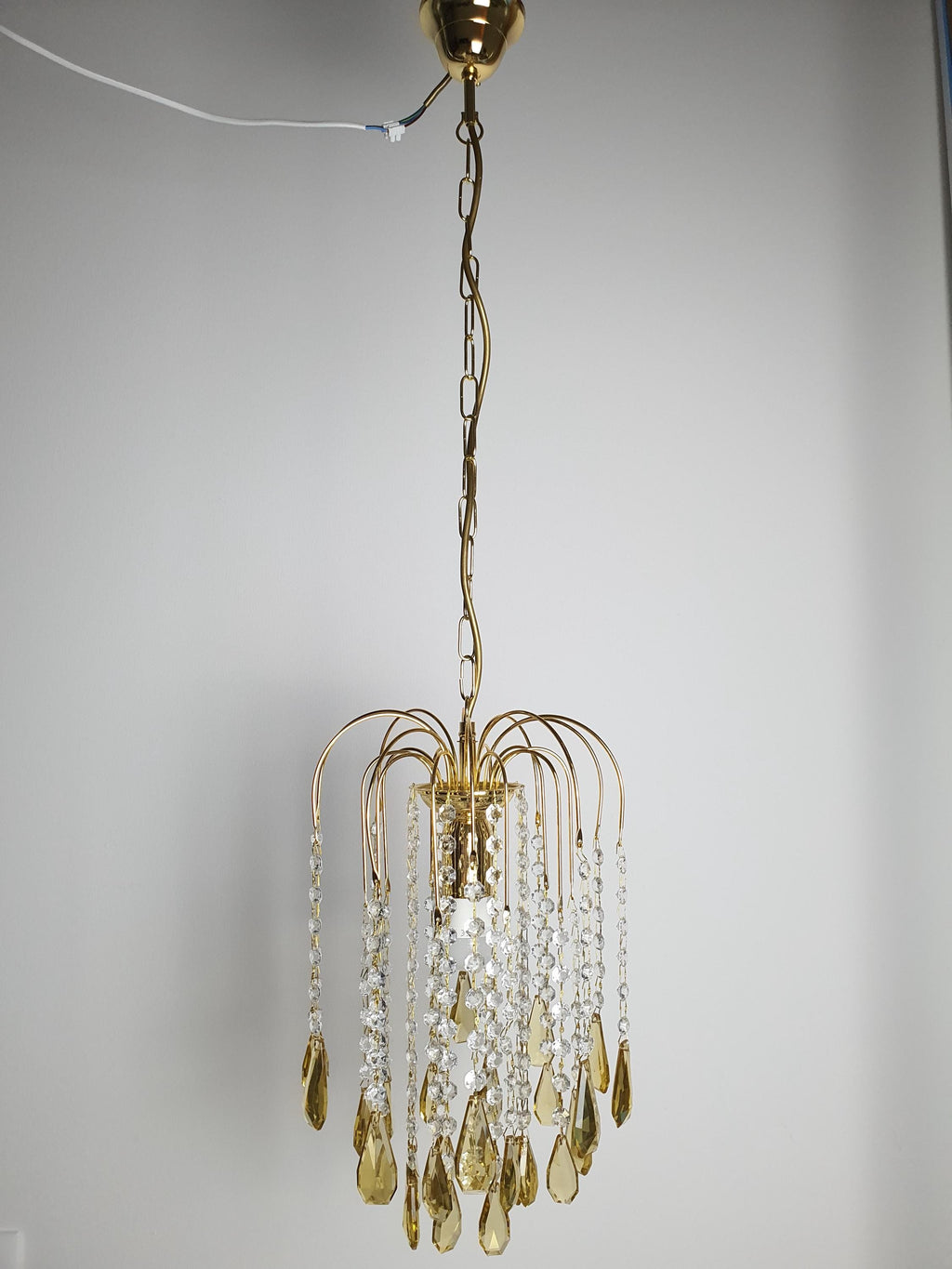 Small Vintage Honey Yellow Teardrop Chandelier | Hollywood Regency Gold Pendant Light