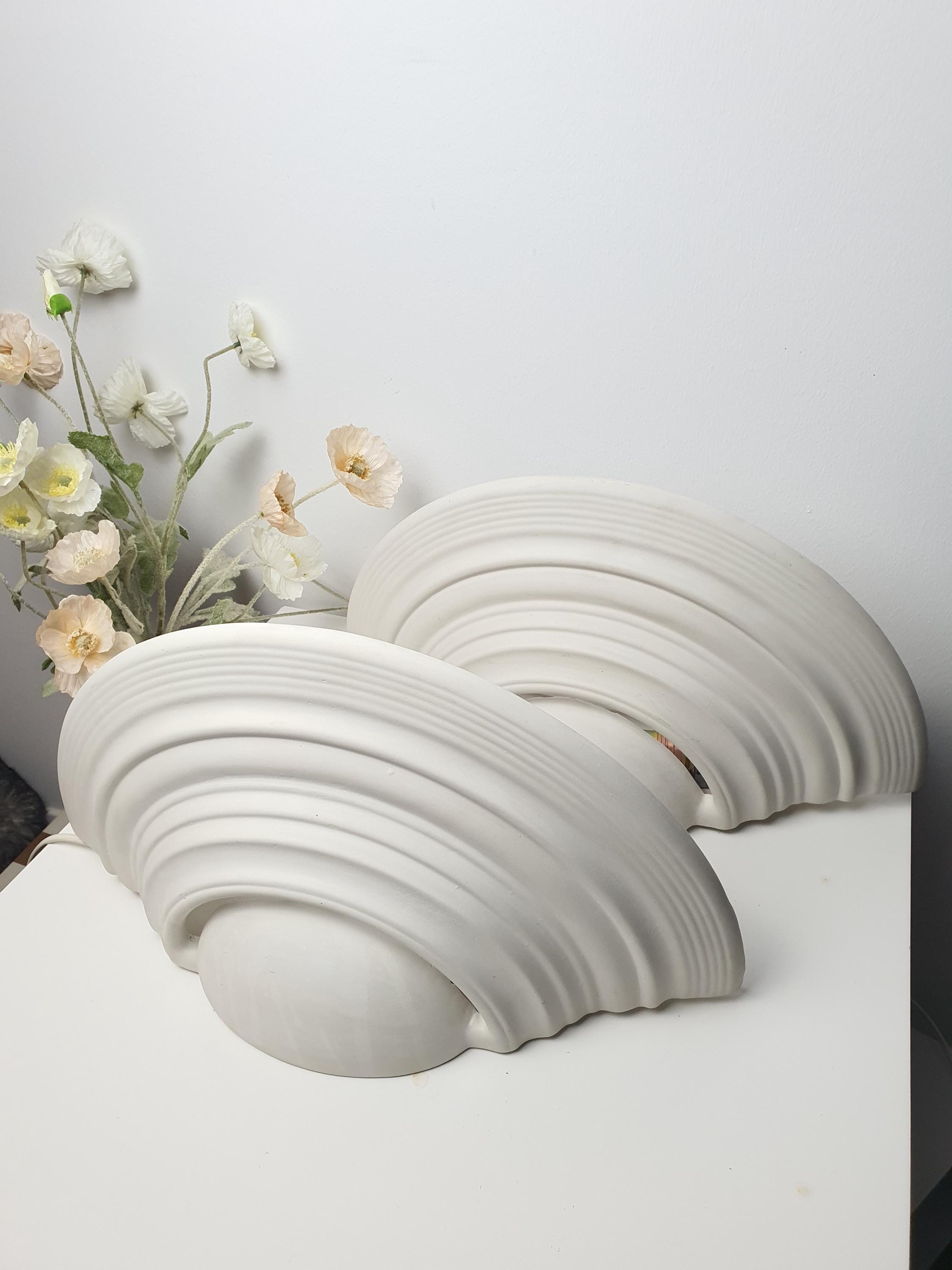 Vintage French Plaster Shell Sconces: Art Deco Minimalist Wall Lights