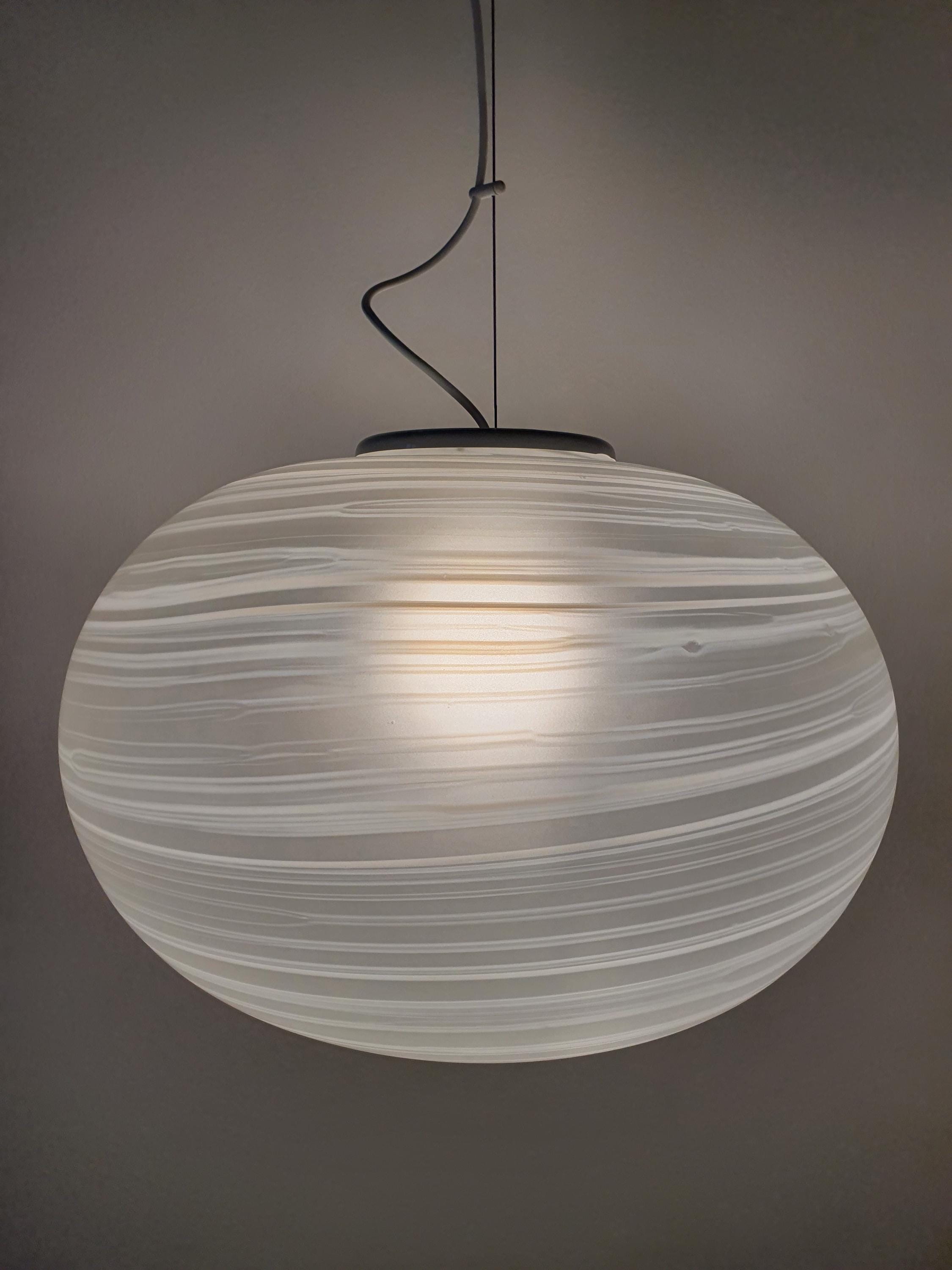 Large Matte Murano Glass White Swirl Globe Pendant Light