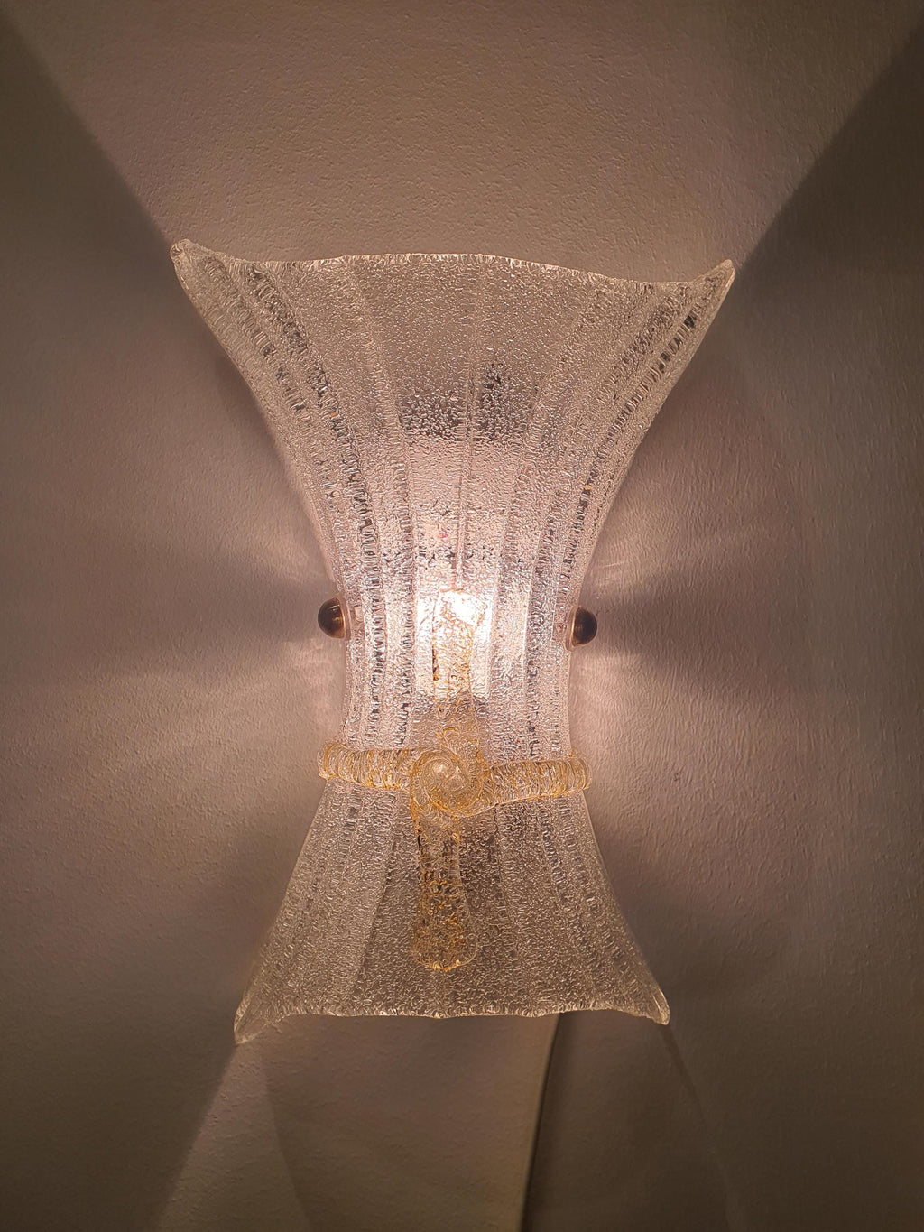 Vintage Murano Frosted Glass Wall Sconce: Venetian Shell Light with Yellow Bow