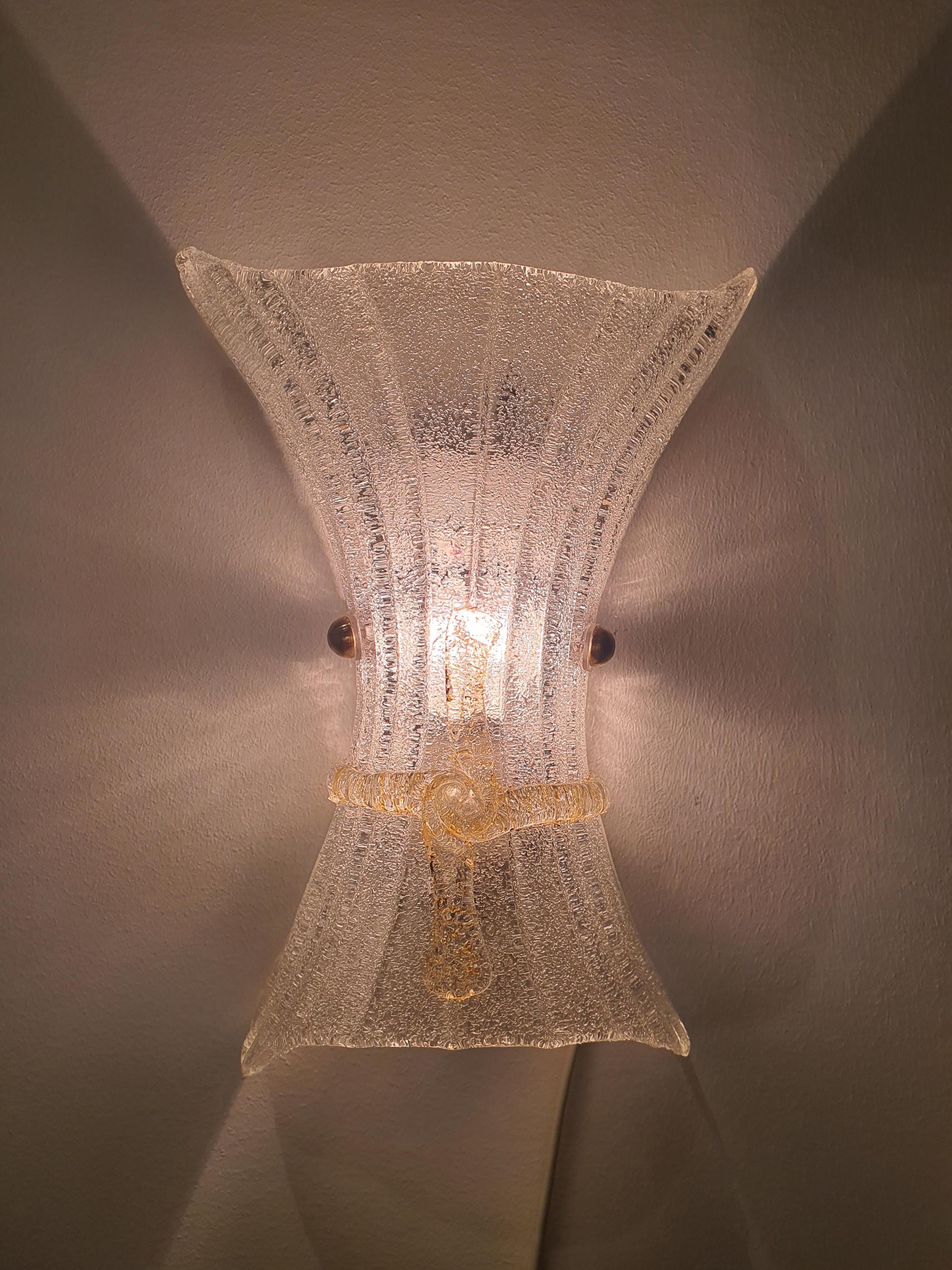 Vintage Murano Frosted Glass Wall Sconce: Venetian Shell Light with Yellow Bow