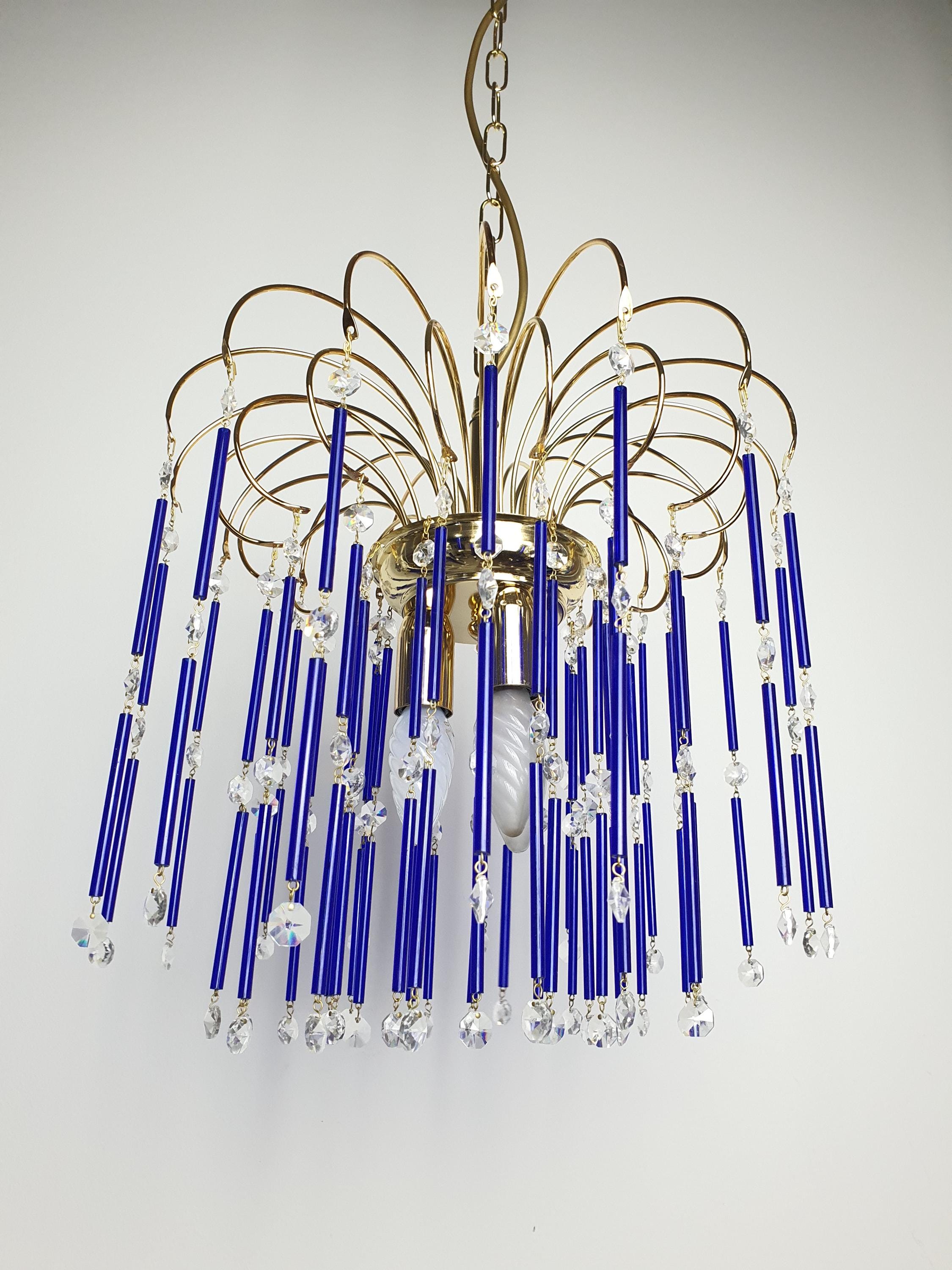 Vintage Cascade Chandelier: Navy Blue Glass Drops, Hollywood Regency Style