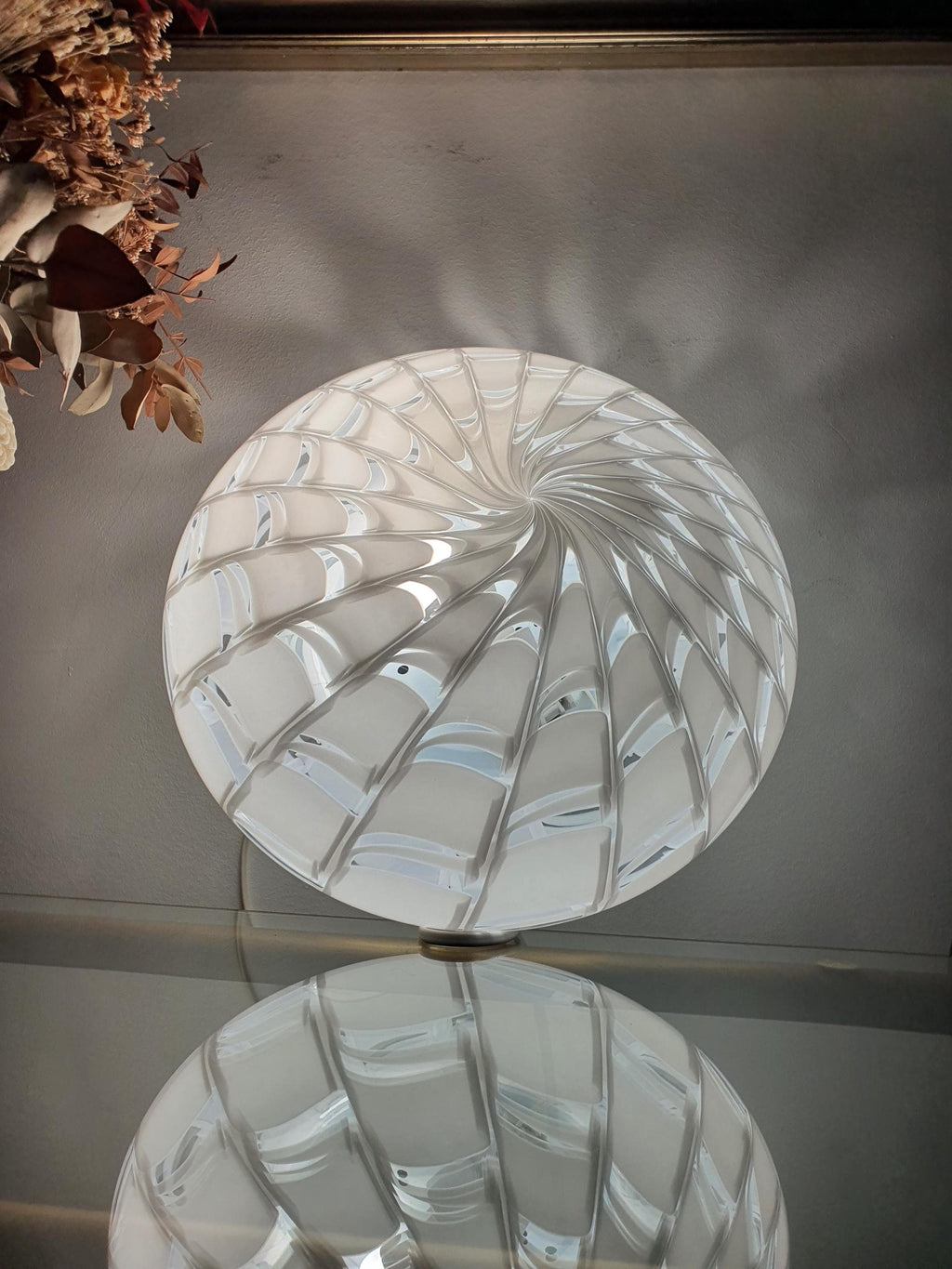 Murano starburst flush mount front view, white and clear glass spiderweb pattern, radiating lines, Scandinavian MCM minimalist