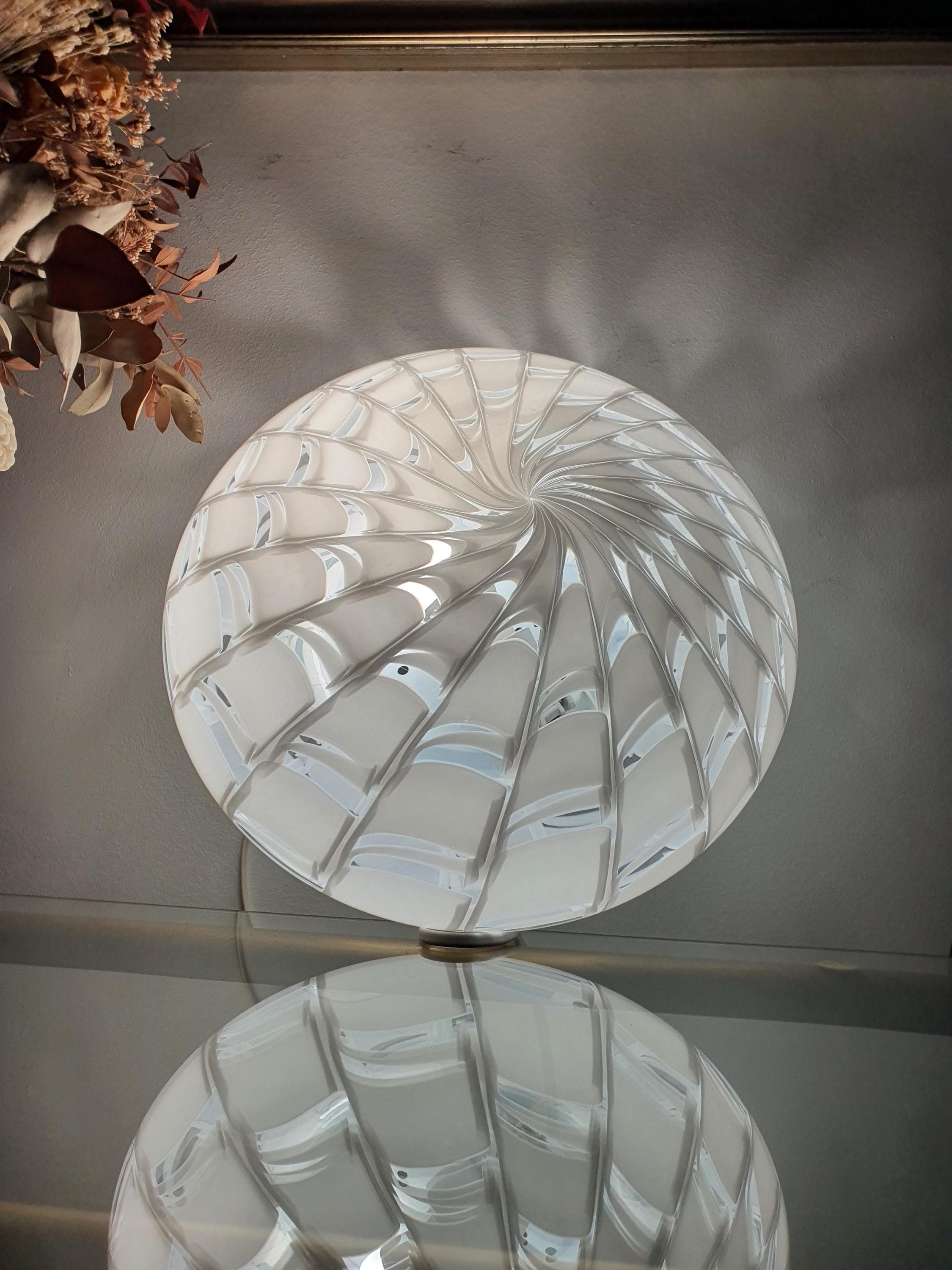 Murano starburst flush mount front view, white and clear glass spiderweb pattern, radiating lines, Scandinavian MCM minimalist