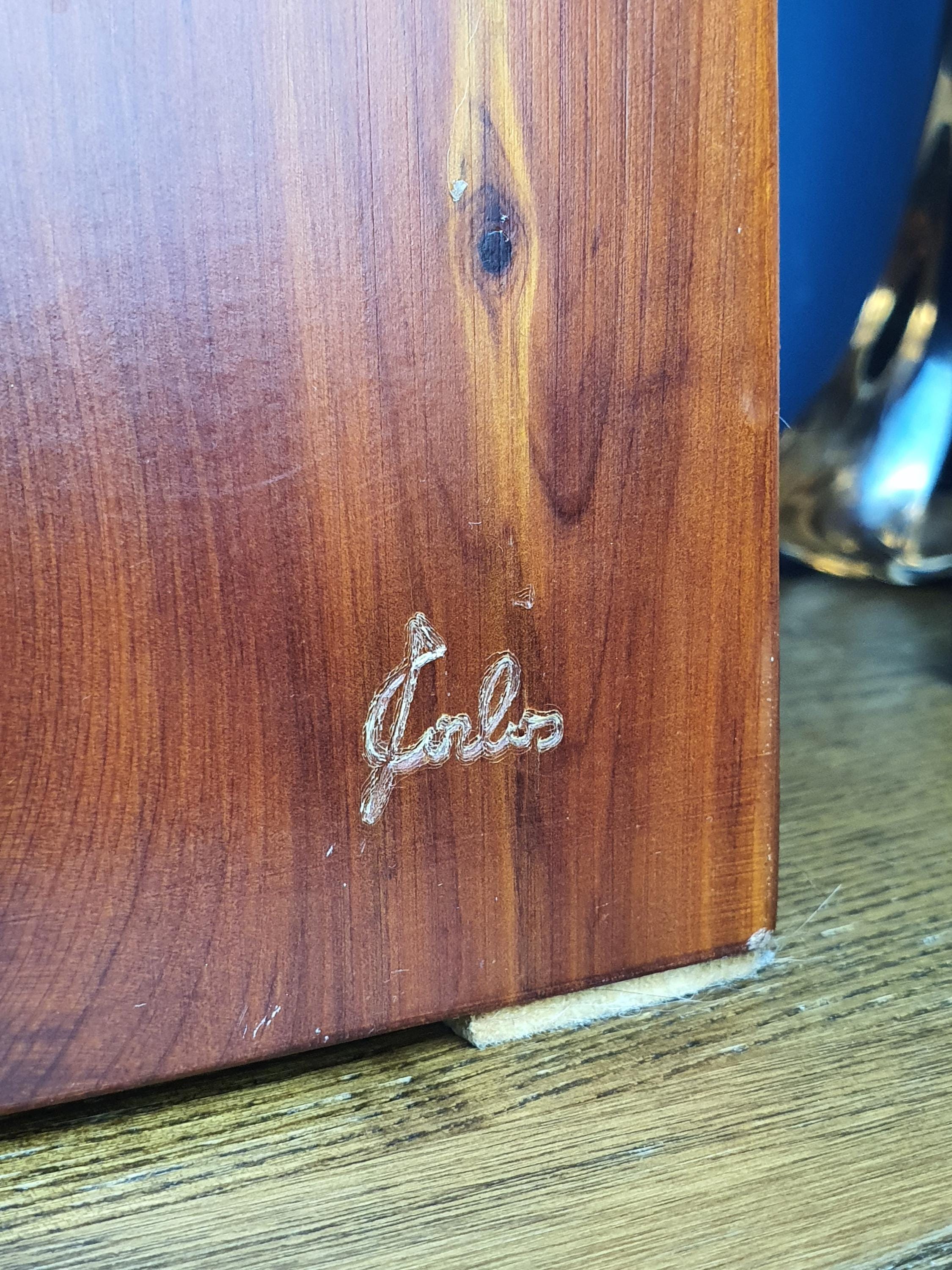 Close-up of Carlo signature on vintage Italian Brutalist tree table lamp, 1970s Studio Craft provenance