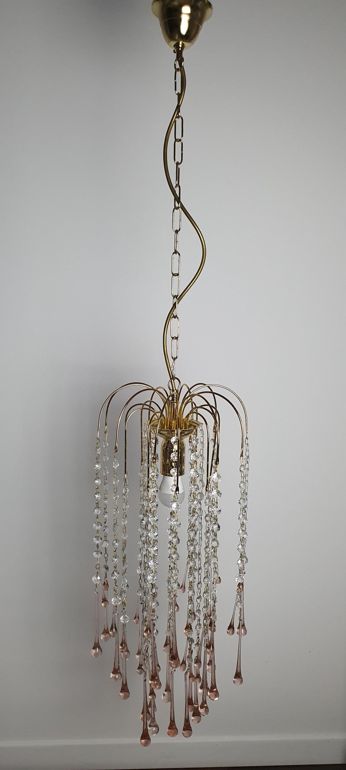 复古穆拉诺玻璃吊灯 | 双层粉色水滴 Hollywood Regency 级联灯