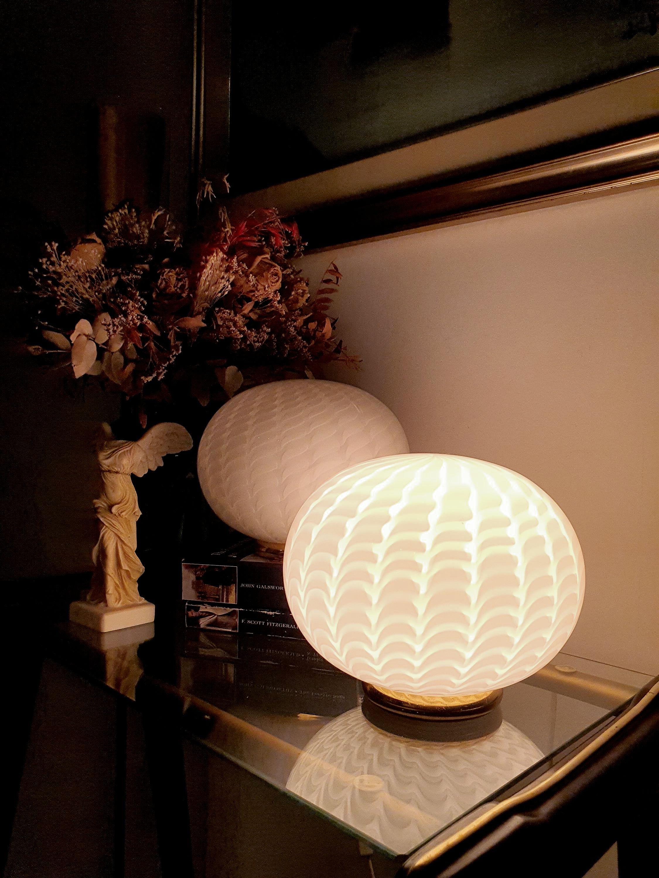 Murano Glass Table Lamps: Vintage White Wave Globe, Italian MCM Design