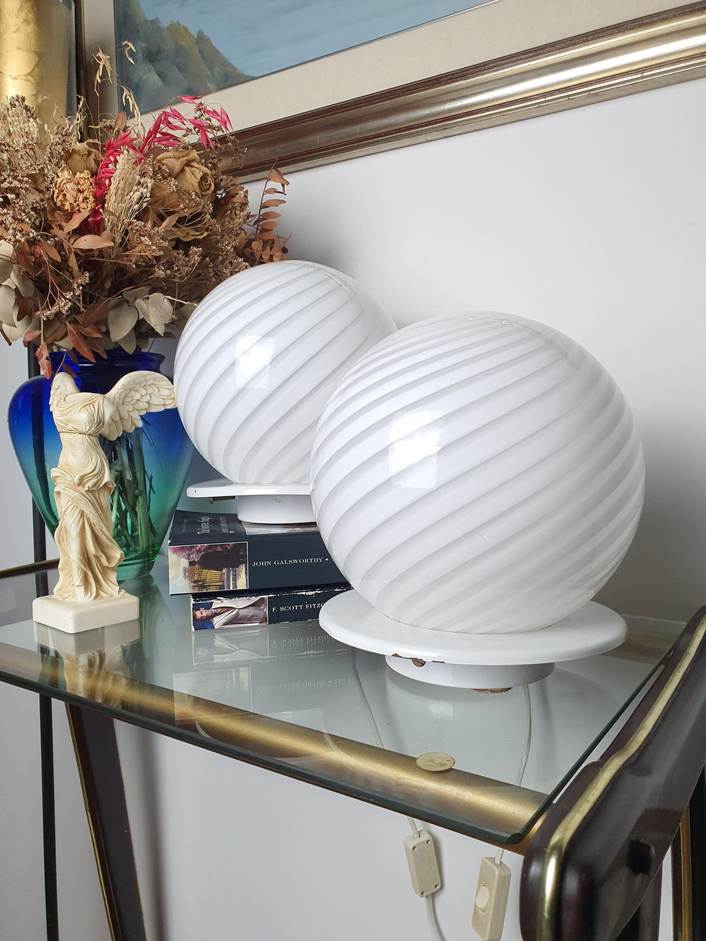 Murano Glass Table Lamps: White Swirl Globe, Mid-Century Modern, Italian Vintage Pair