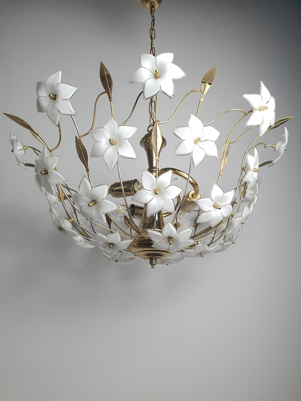 Vintage 1980s Murano glass floral chandelier in bedroom, soft white flower diffusion, gold bowl, romantic Italian MCM