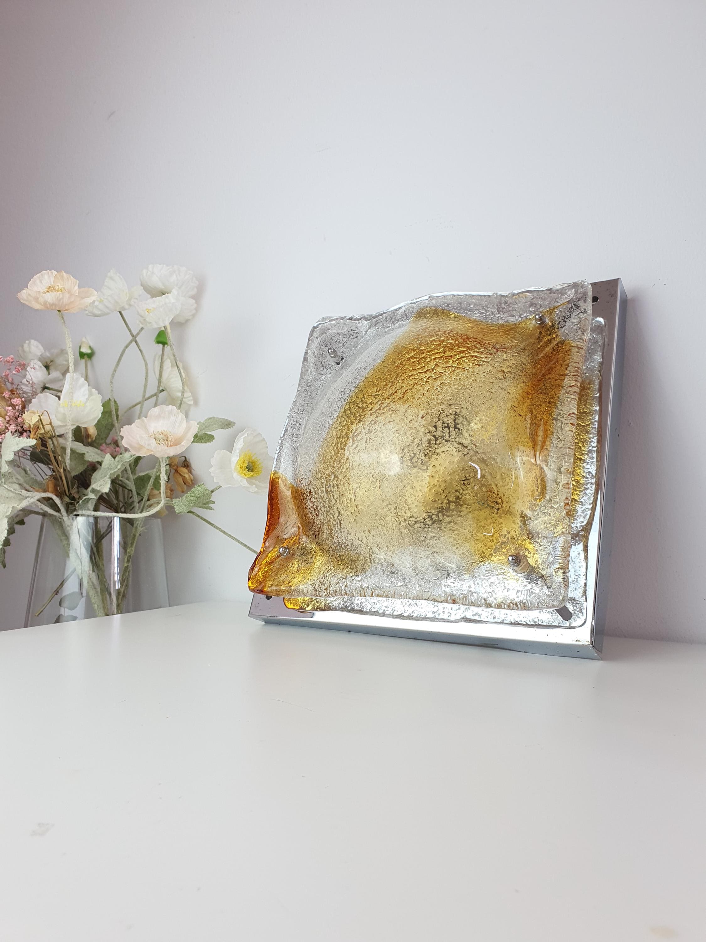 Murano glass square amber spot wall or ceiling light Mazzega style