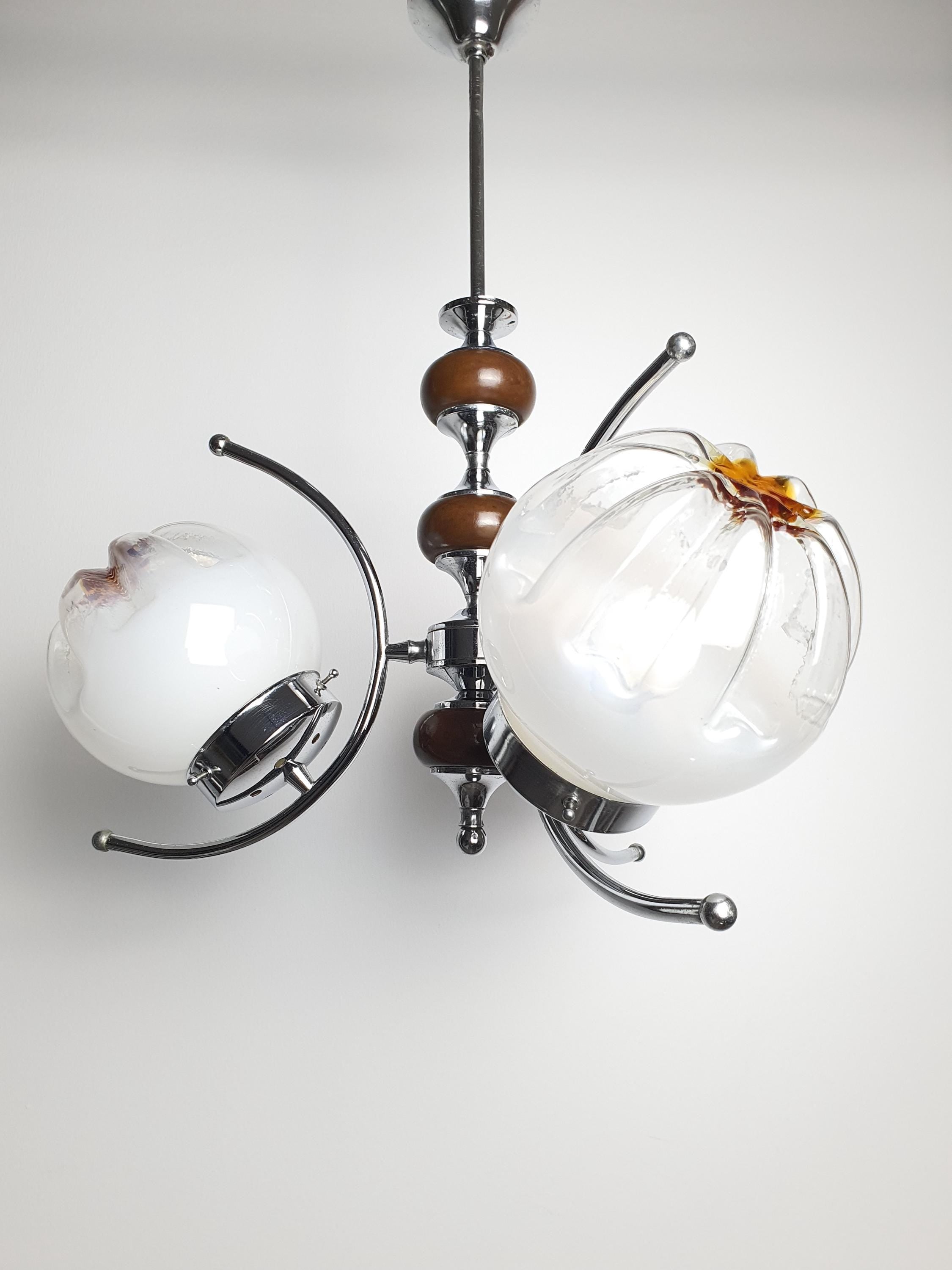 Vintage Murano Glass Chandelier | Mazzega Style | 3-Arm Globes | Chrome & Wooden Base