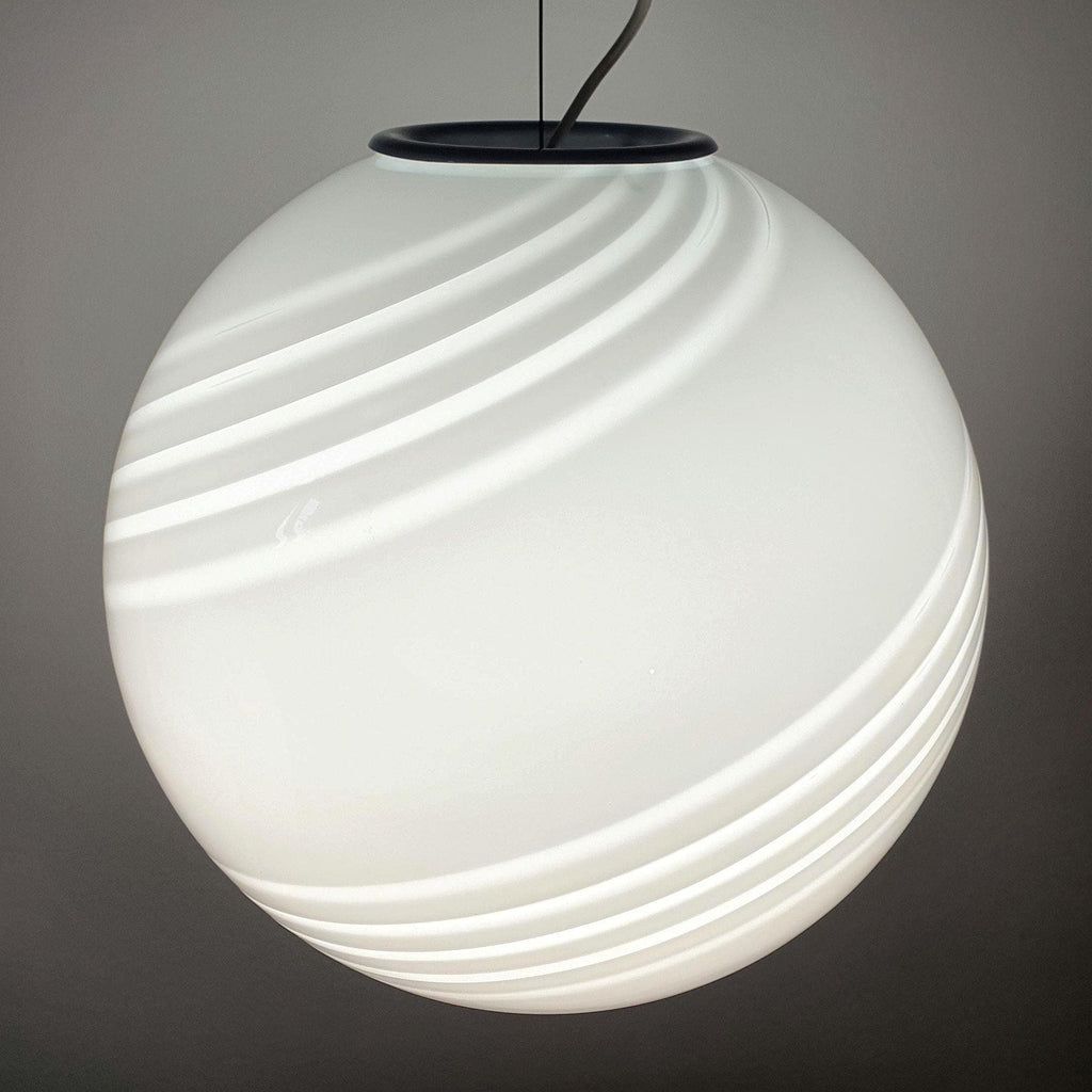 Vintage Murano glass large white swirl globe pendant, 38cm hand-blown sphere with white swirl pattern, Italy 1960s–1980s

