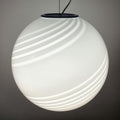 Vintage Murano glass large white swirl globe pendant, 38cm hand-blown sphere with white swirl pattern, Italy 1960s–1980s

