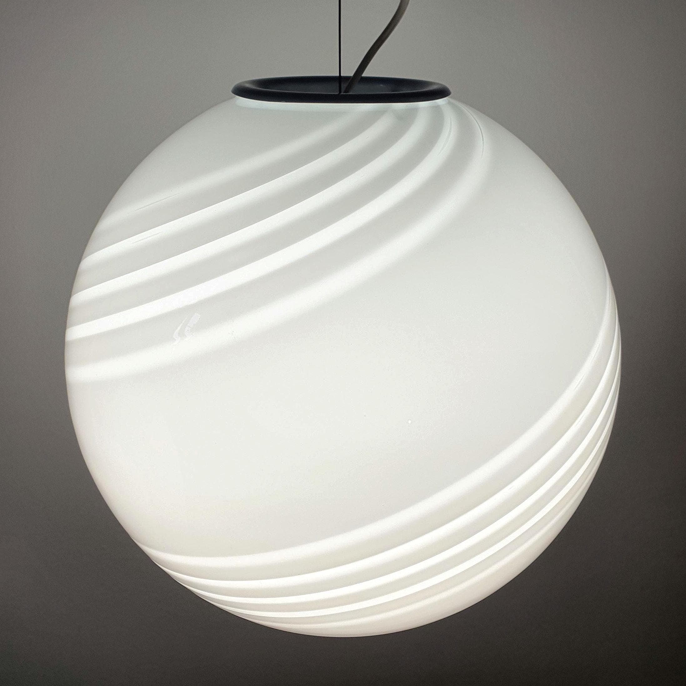 Vintage Murano glass large white swirl globe pendant, 38cm hand-blown sphere with white swirl pattern, Italy 1960s–1980s

