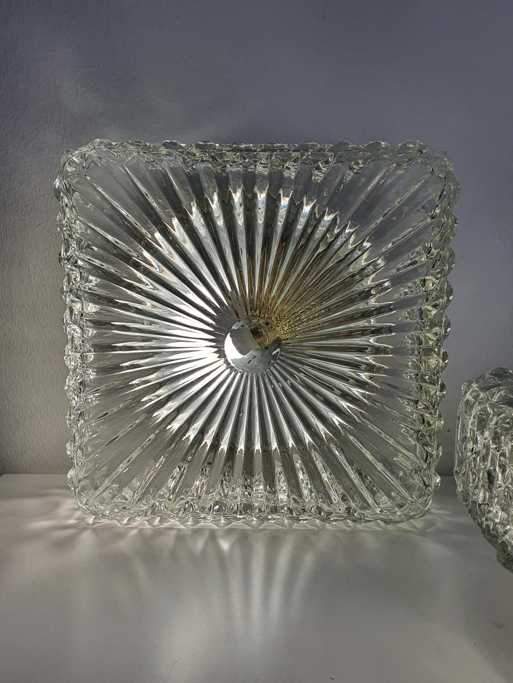 Pair of Brutalist Square Glass Wall Sconces or Ceiling Lights | Art Deco Light Fixtures | Mid-Century Modern Textured Glass Lamps