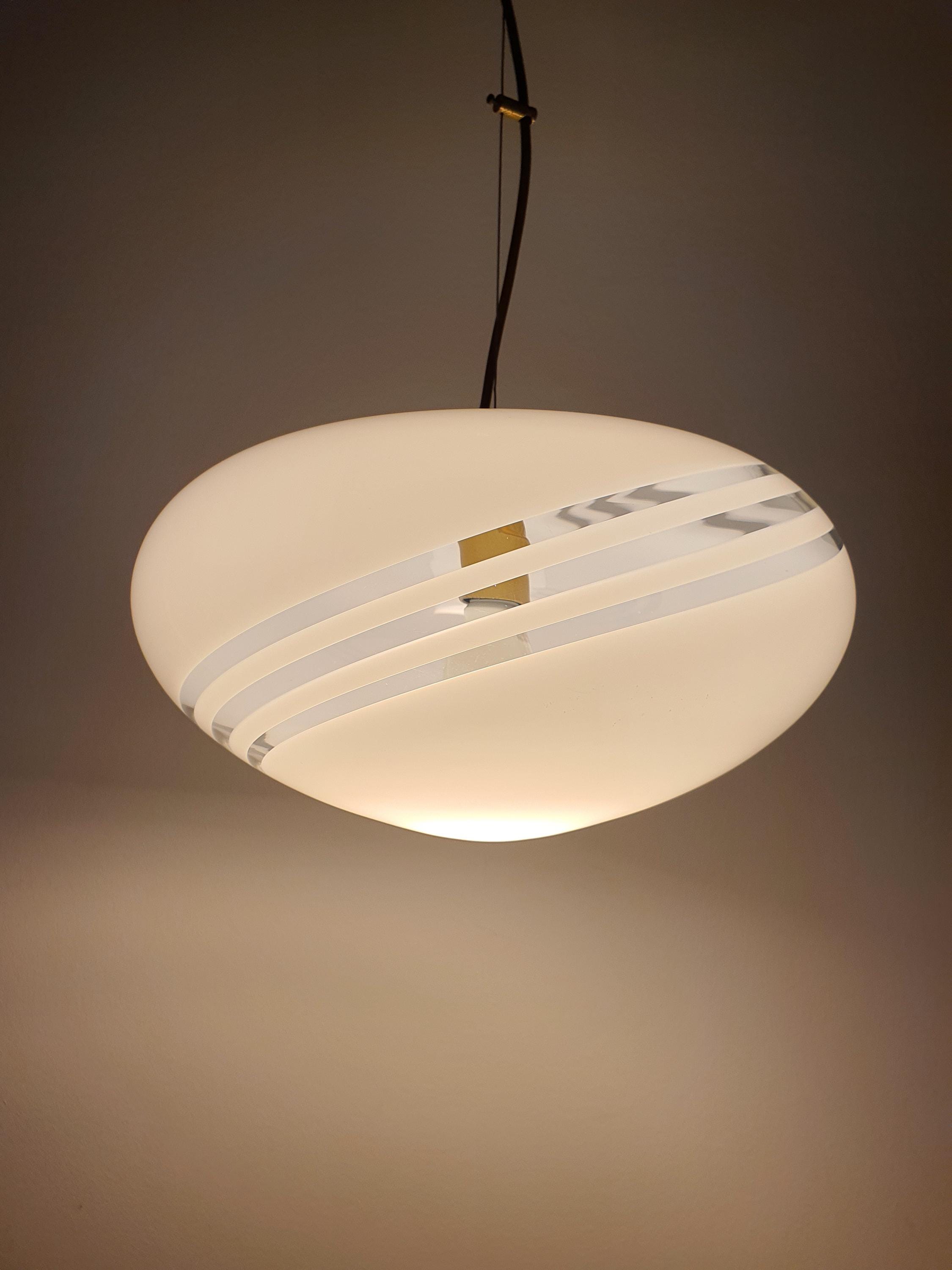 Murano Glass Pendant Light: White Swirl Globe, Italian MCM Lighting