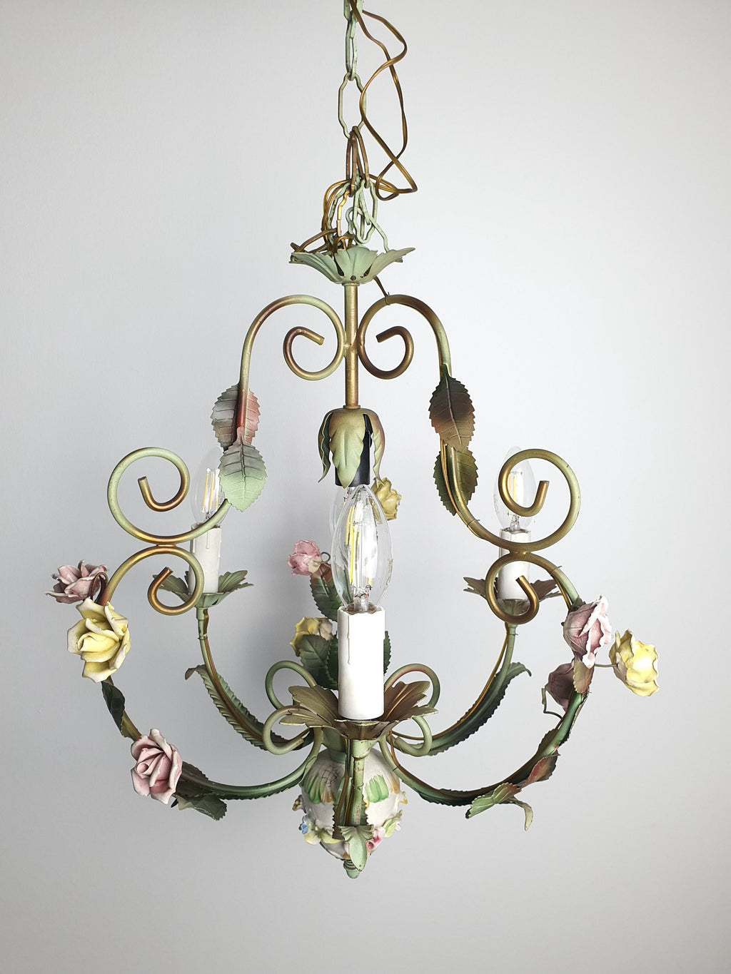 Italian toleware chandelier front view, green curved arms with hand-applied porcelain flowers