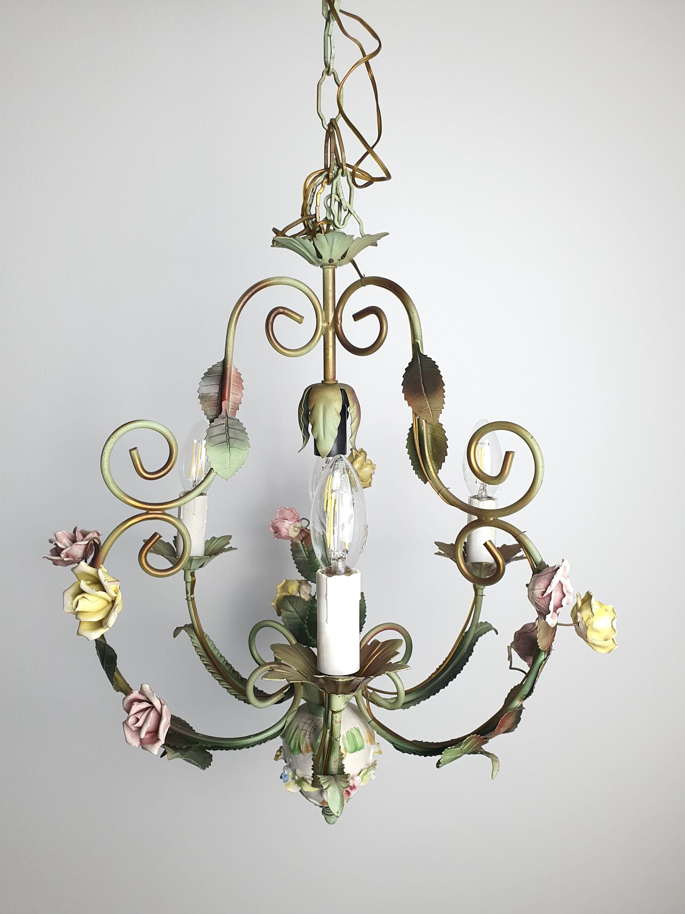 Italian toleware chandelier front view, green curved arms with hand-applied porcelain flowers