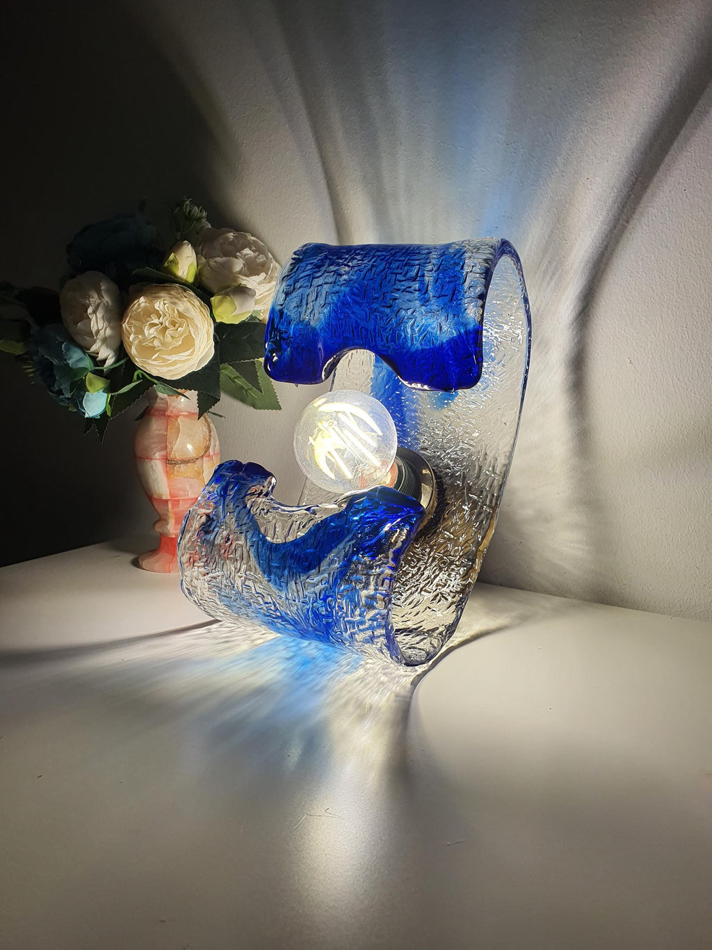 La Murrina blue and clear Murano Glass curved wall or ceiling light fixture