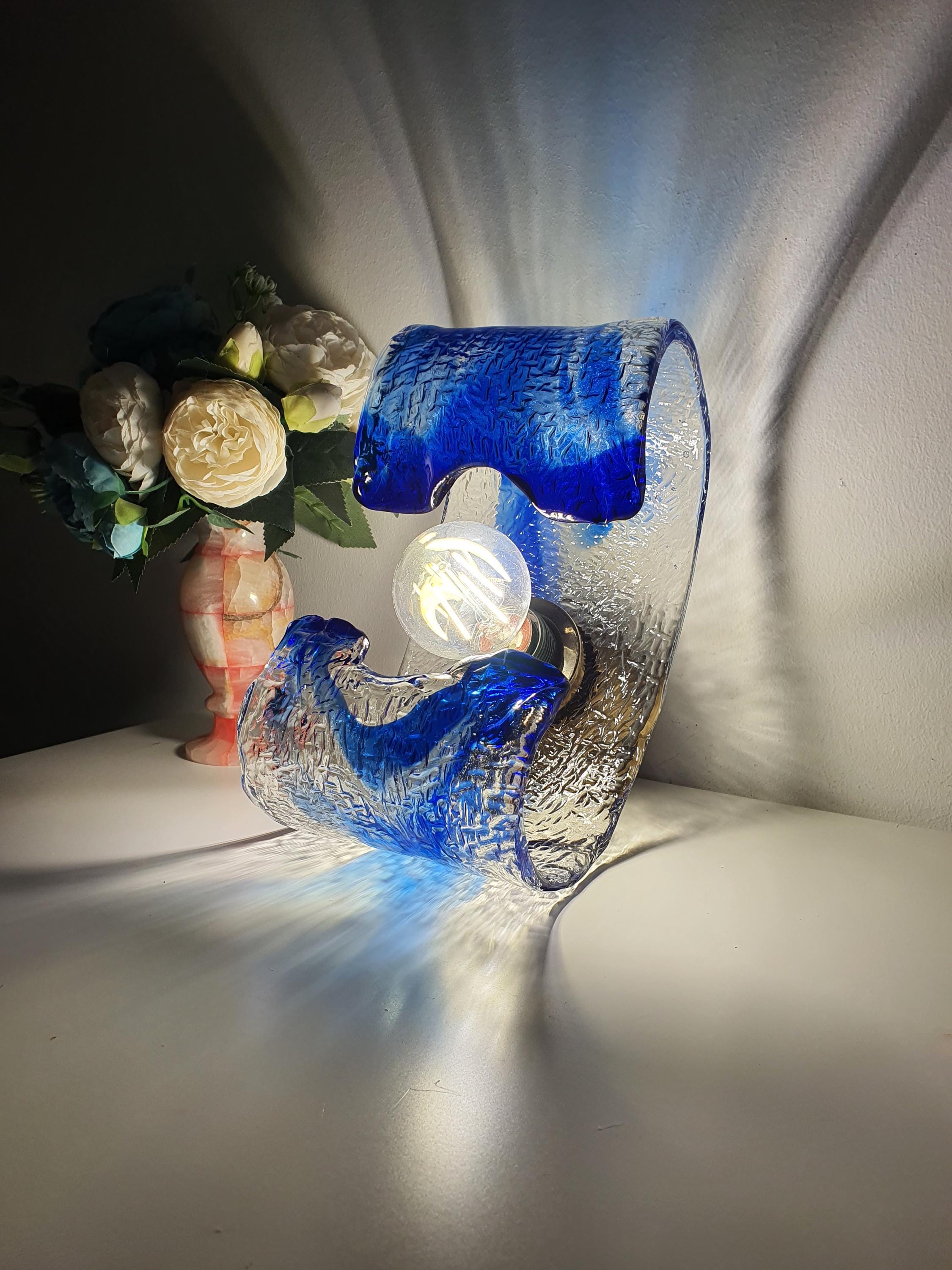 La Murrina blue and clear Murano Glass curved wall or ceiling light fixture