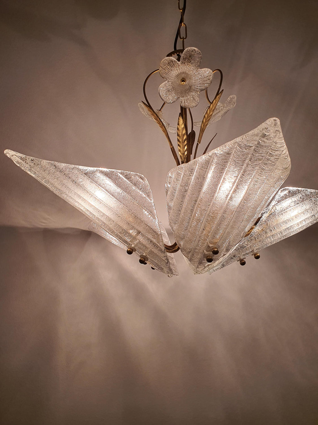 Vintage Murano Frosted Glass 5-Arm Chandelier | Hollywood Regency Lighting | Mid-Century Italian