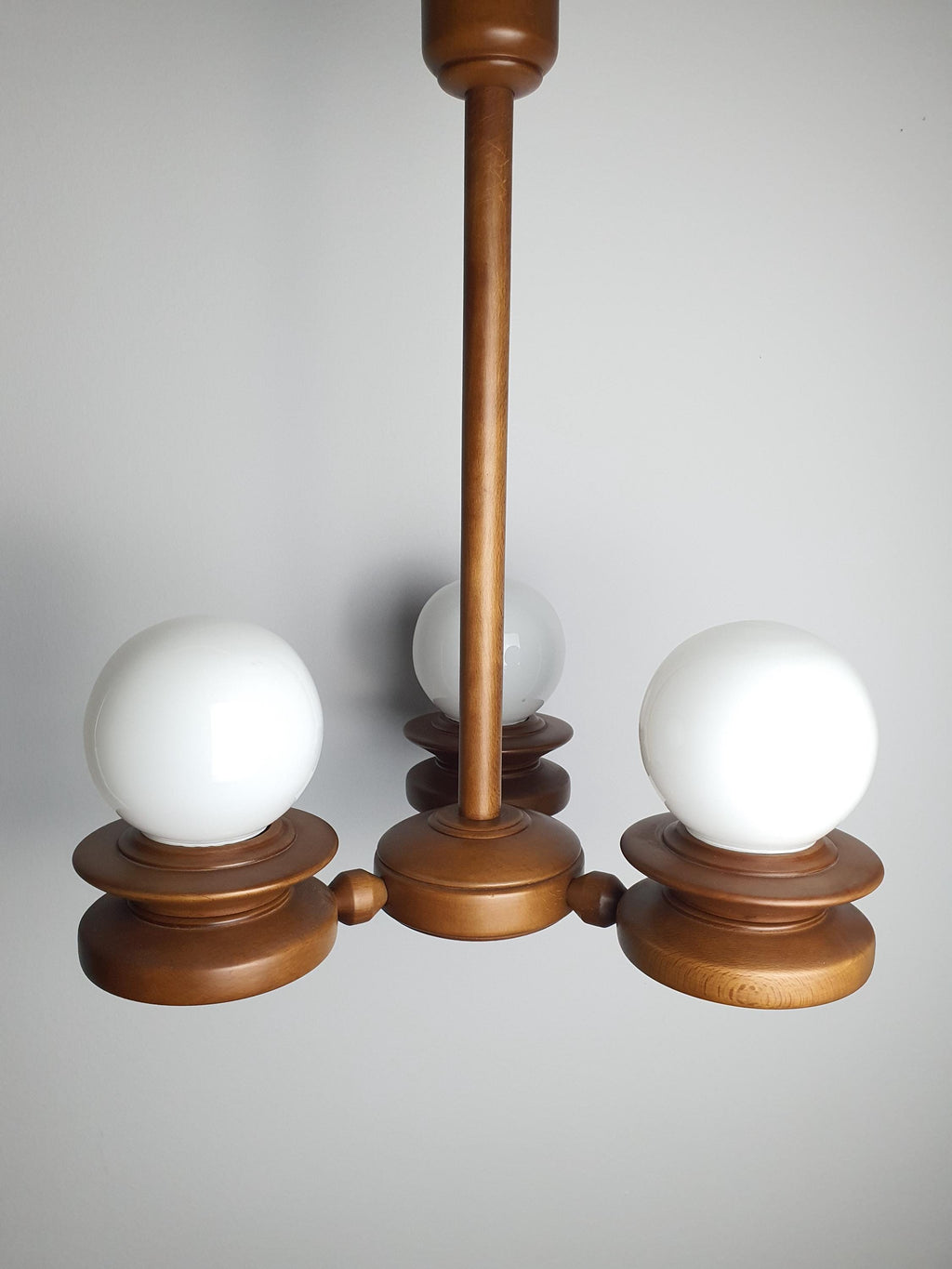 Vintage Space Age Sputnik chandelier, 3-arm milk glass globes, solid handcrafted wood structure, Scandinavian MCM, Europe