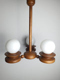 Vintage Space Age Sputnik chandelier, 3-arm milk glass globes, solid handcrafted wood structure, Scandinavian MCM, Europe