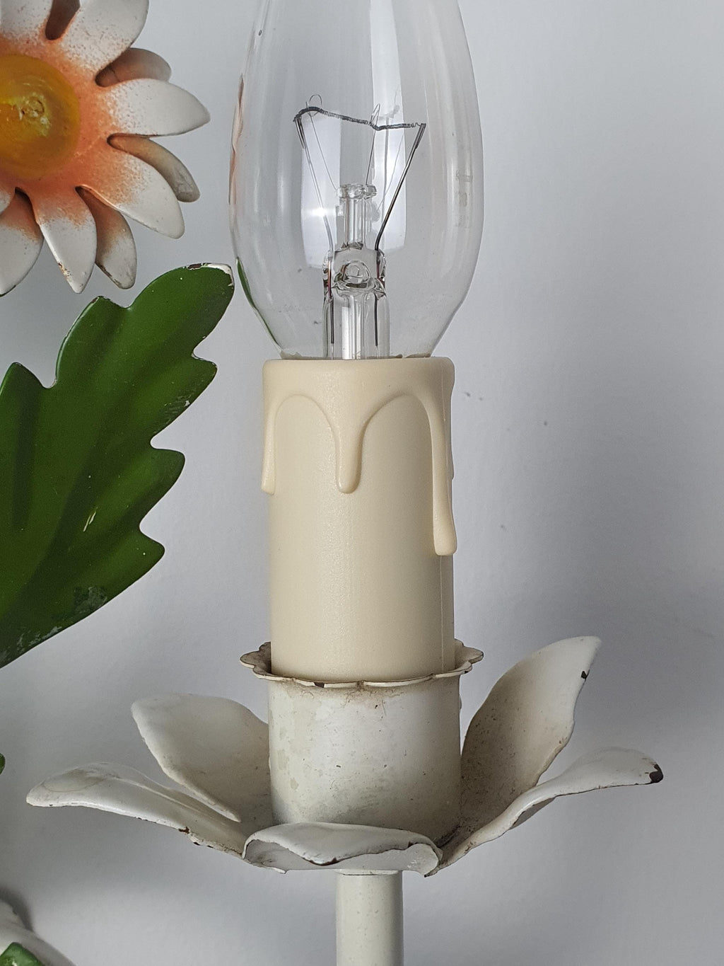 Pair of vintage 1970s Italian tole wall sconces in bedroom, romantic floral glow, Grandmillennial Mediterranean Italian villa