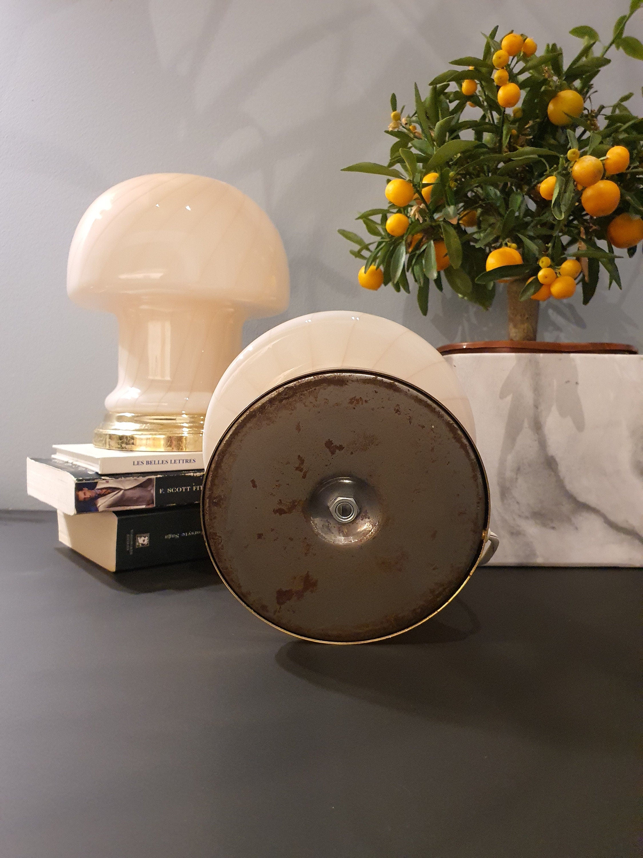 Vintage Murano Glass Mushroom Lamps: Peach Pink Atomic Table Lamps, 1970s MCM