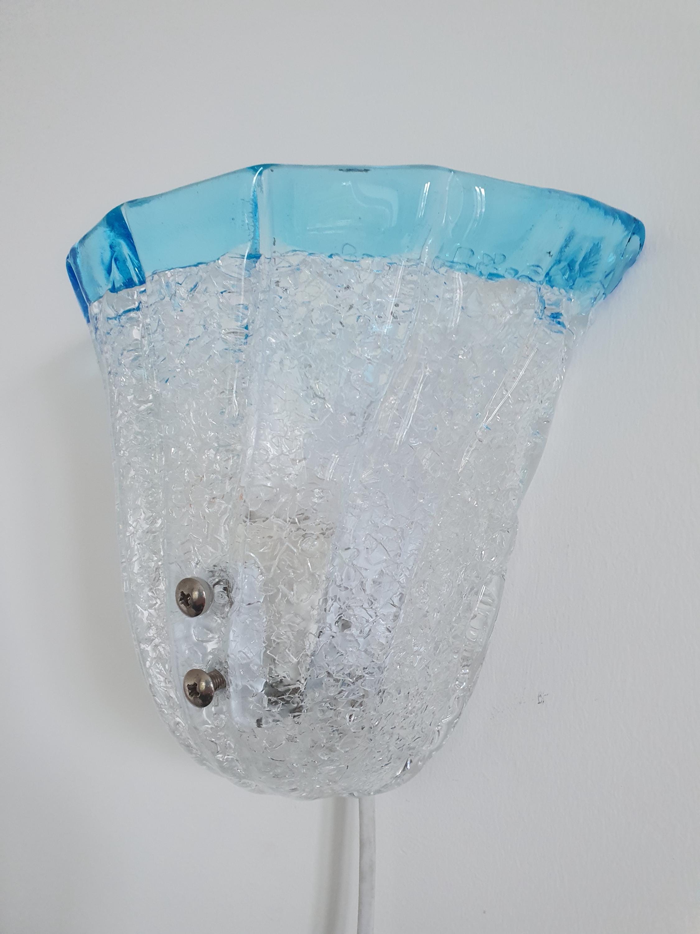 Vintage Murano Glass Floral Wall Sconce: Frosted Clear & Light Blue