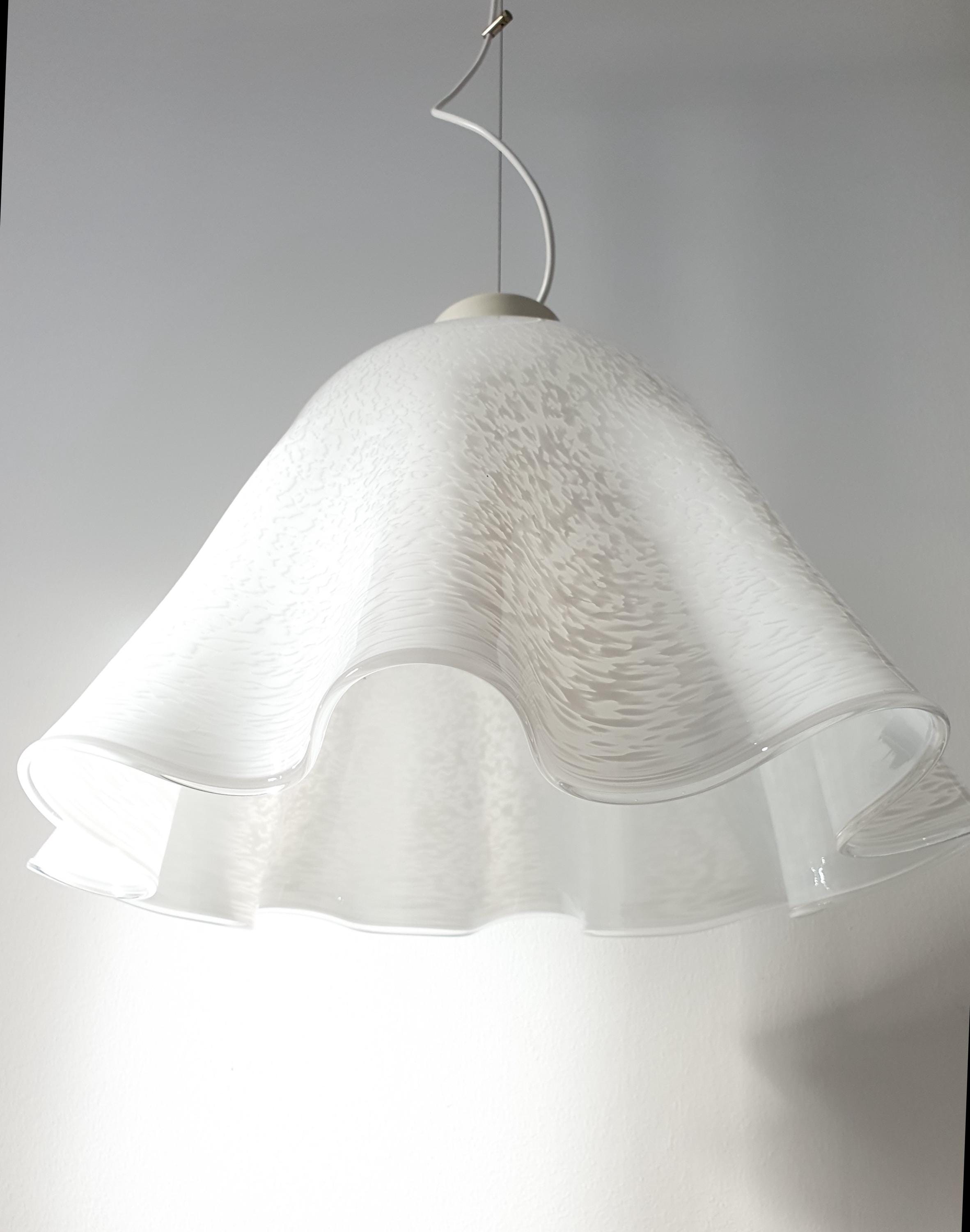 Vintage Murano Glass Fazzoletto White Spotted Pendant Light