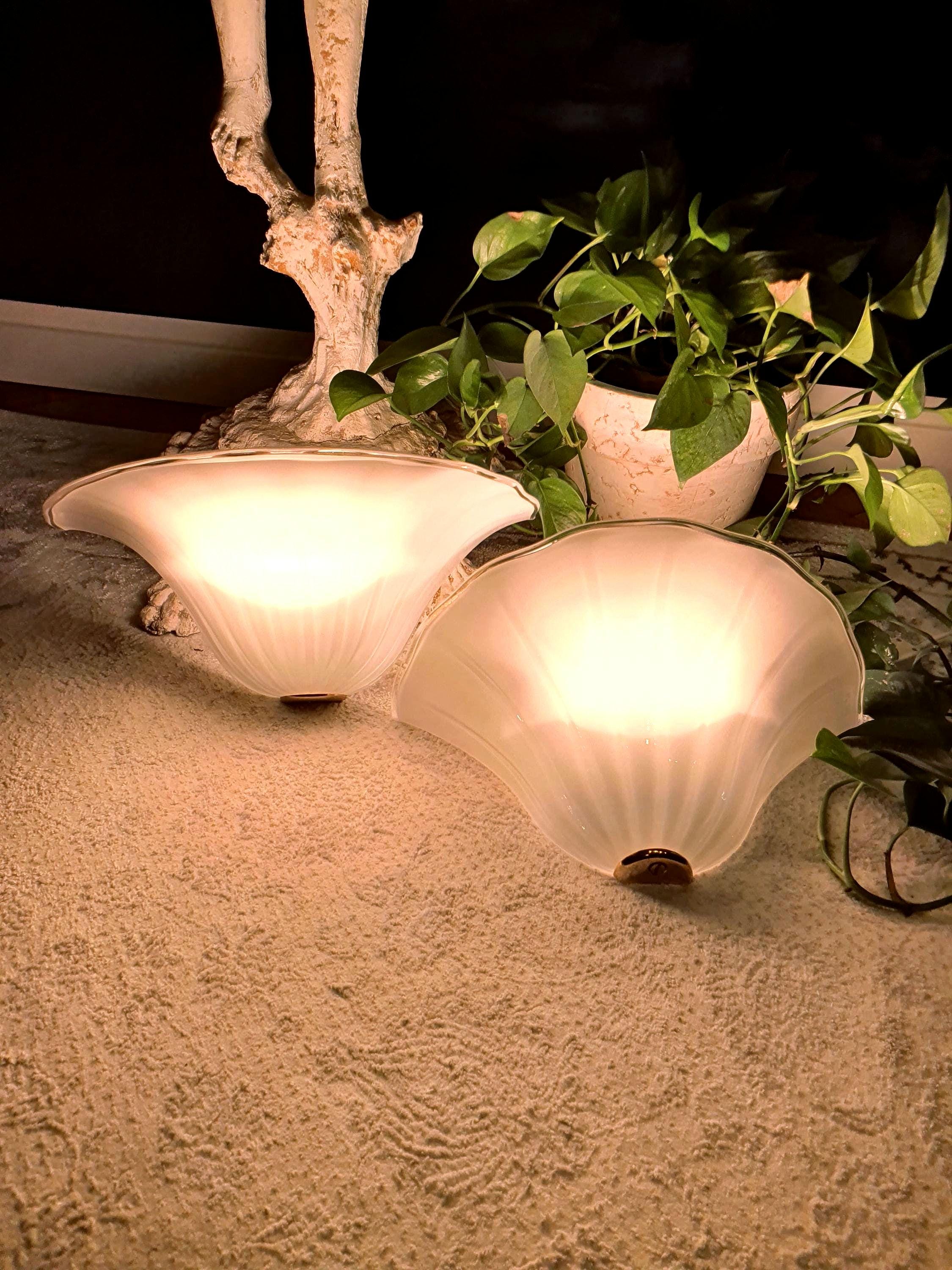 De Majo Vintage Murano Glass Wall Sconces: White Floral Shell Lights