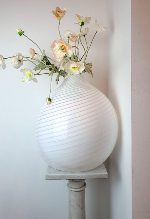 Large vintage Murano glass white swirl vase — Italian midcentury minimalist decor, handcrafted collectible centerpiece.