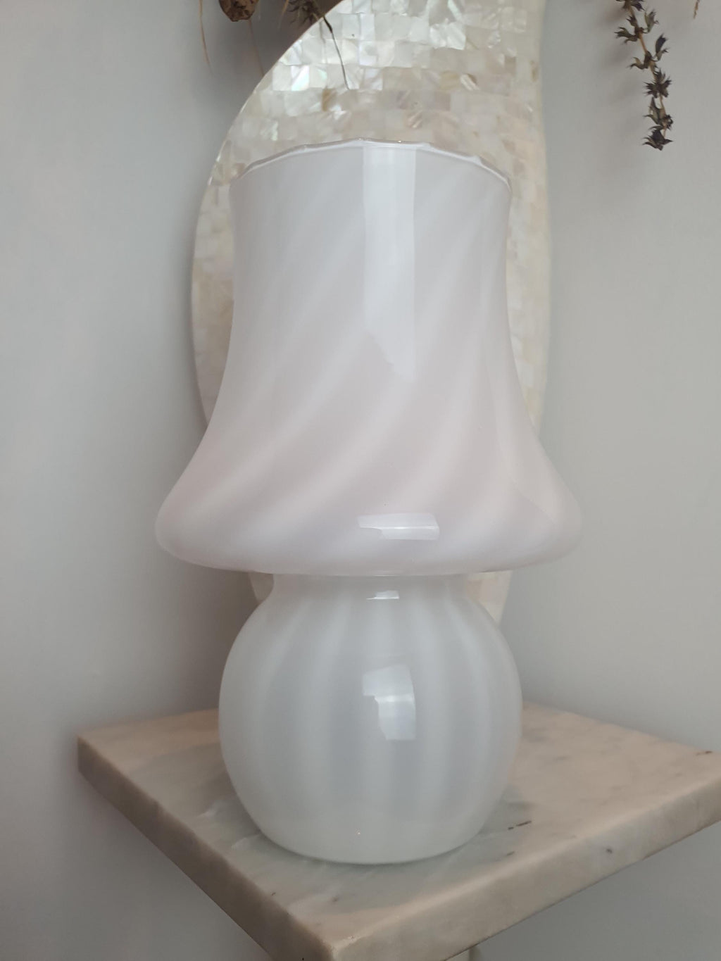 Vintage Murano Glass Mushroom Lamp: White Swirl Scandinavian Bedside Light