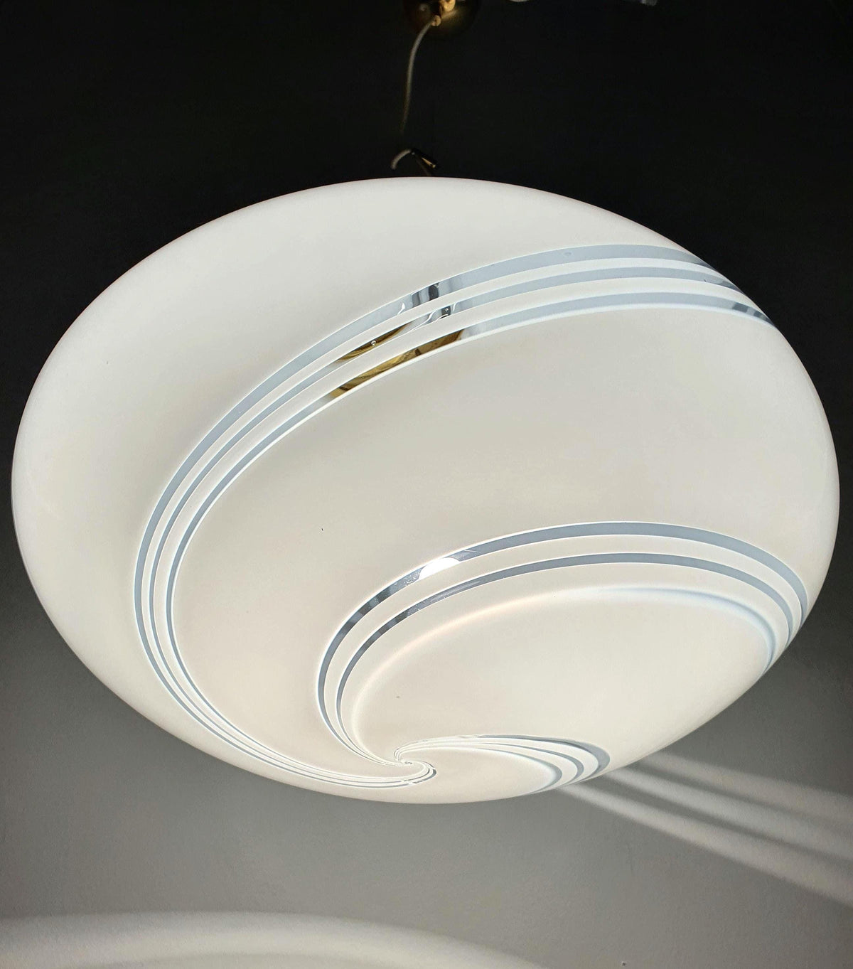 Vintage Murano glass globe pendant, white swirl hand-blown globe, golden base, Scandinavian MCM, Italy 1960s–1980s