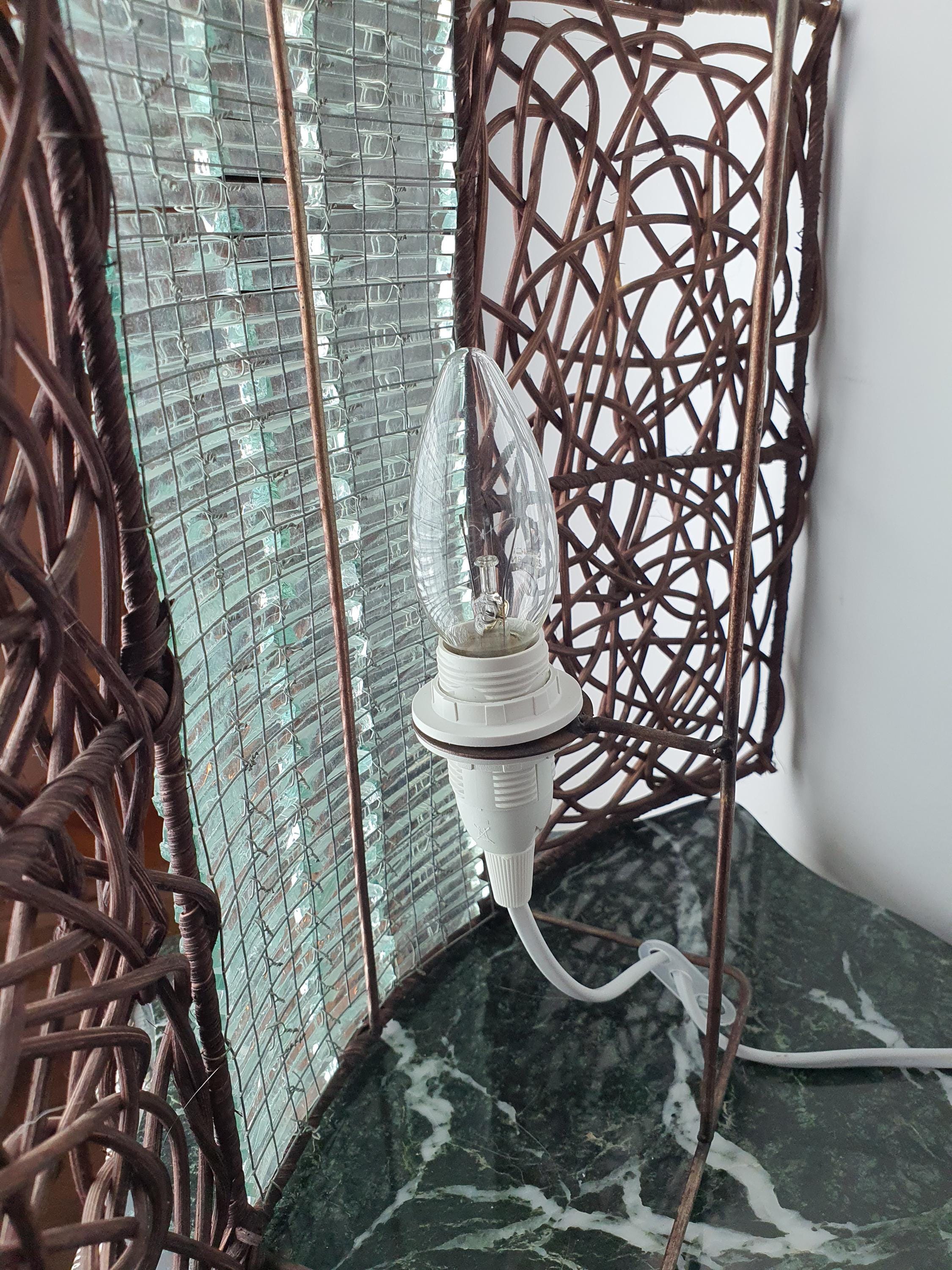 Pair of Large Mosaic Bottle Glass & Rattan Wall Sconces | Handcrafted Vintage Lighting