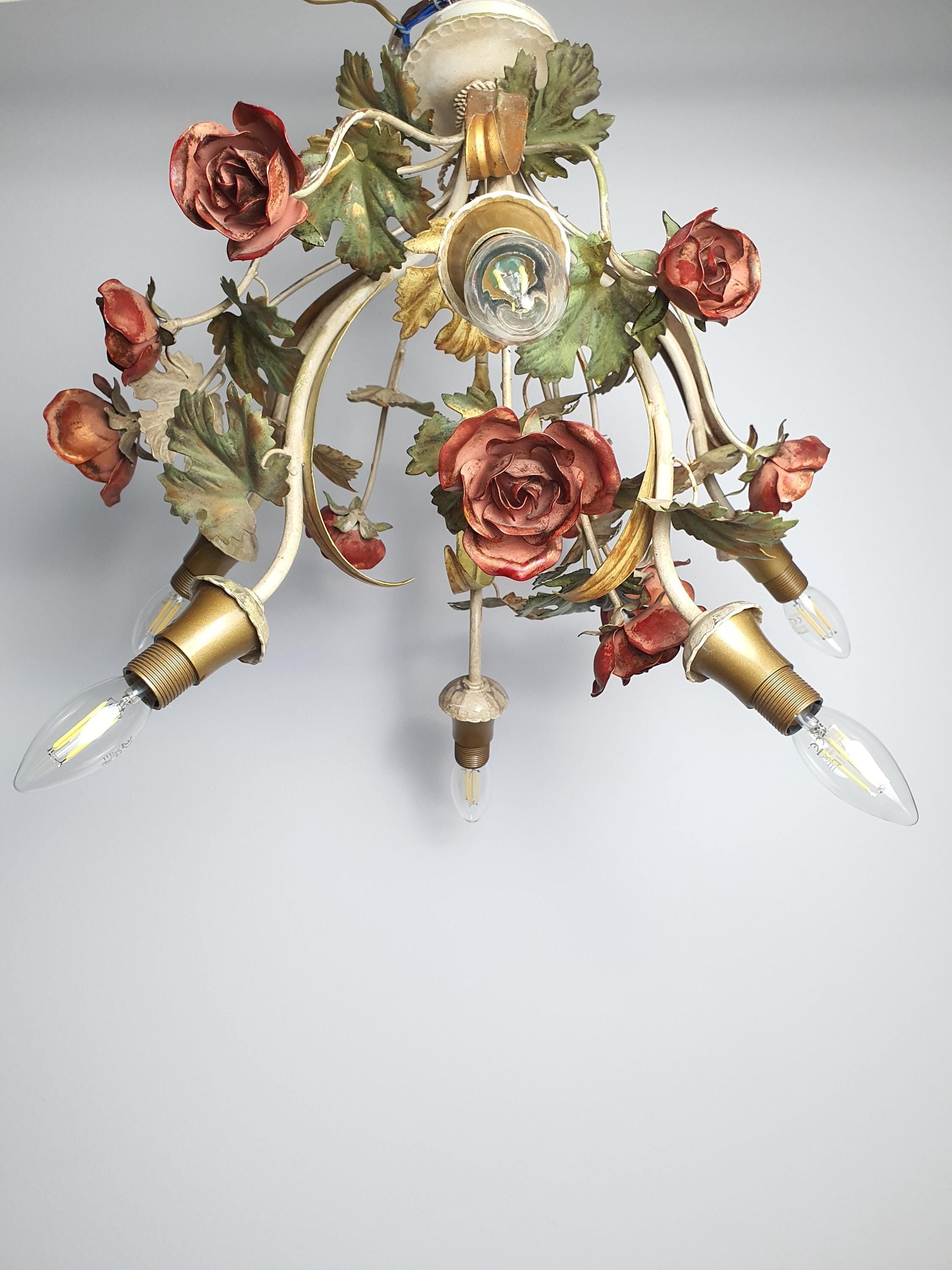 Vintage tole chandelier — flush mount ceiling fixture, 6-arm structure
