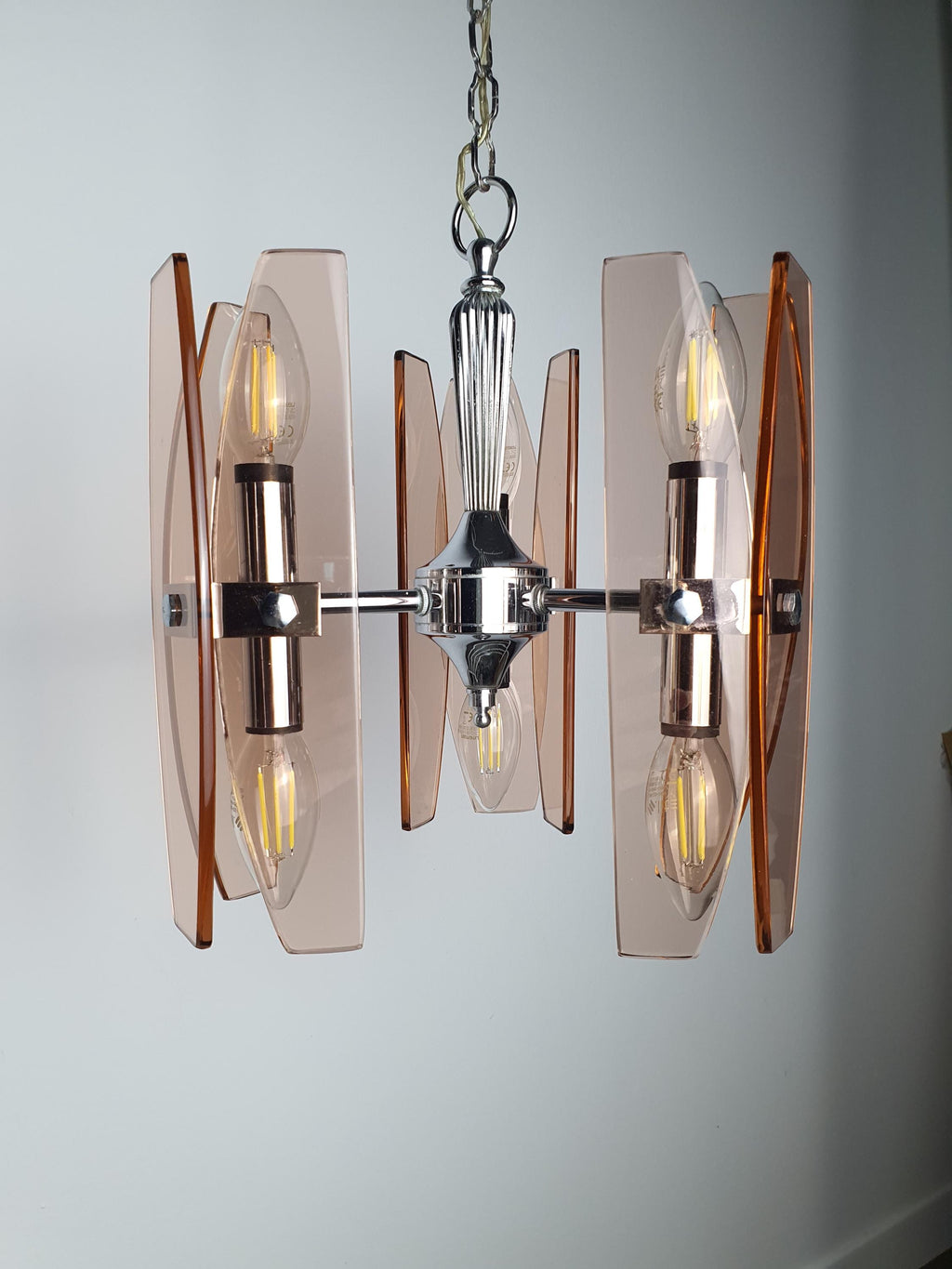 Veca vintage chandelier — chrome wear consistent with age, very good vintage condition