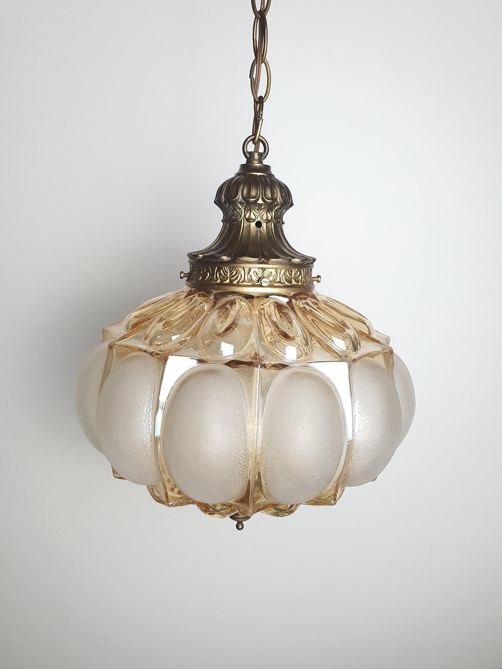 Art Deco Pendant Light – Stamped Beige Glass with Pearl Finish & Bronze Fixture