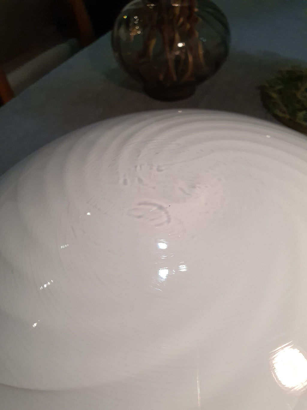 Vintage Murano Glass Swirl Flush Mount Light: White on Blue, MCM Deco