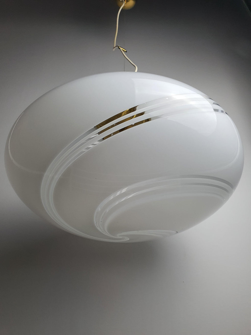 Vintage Murano white swirl glass globe pendant in entryway, large 48cm globe warm glow, golden base, MCM statement