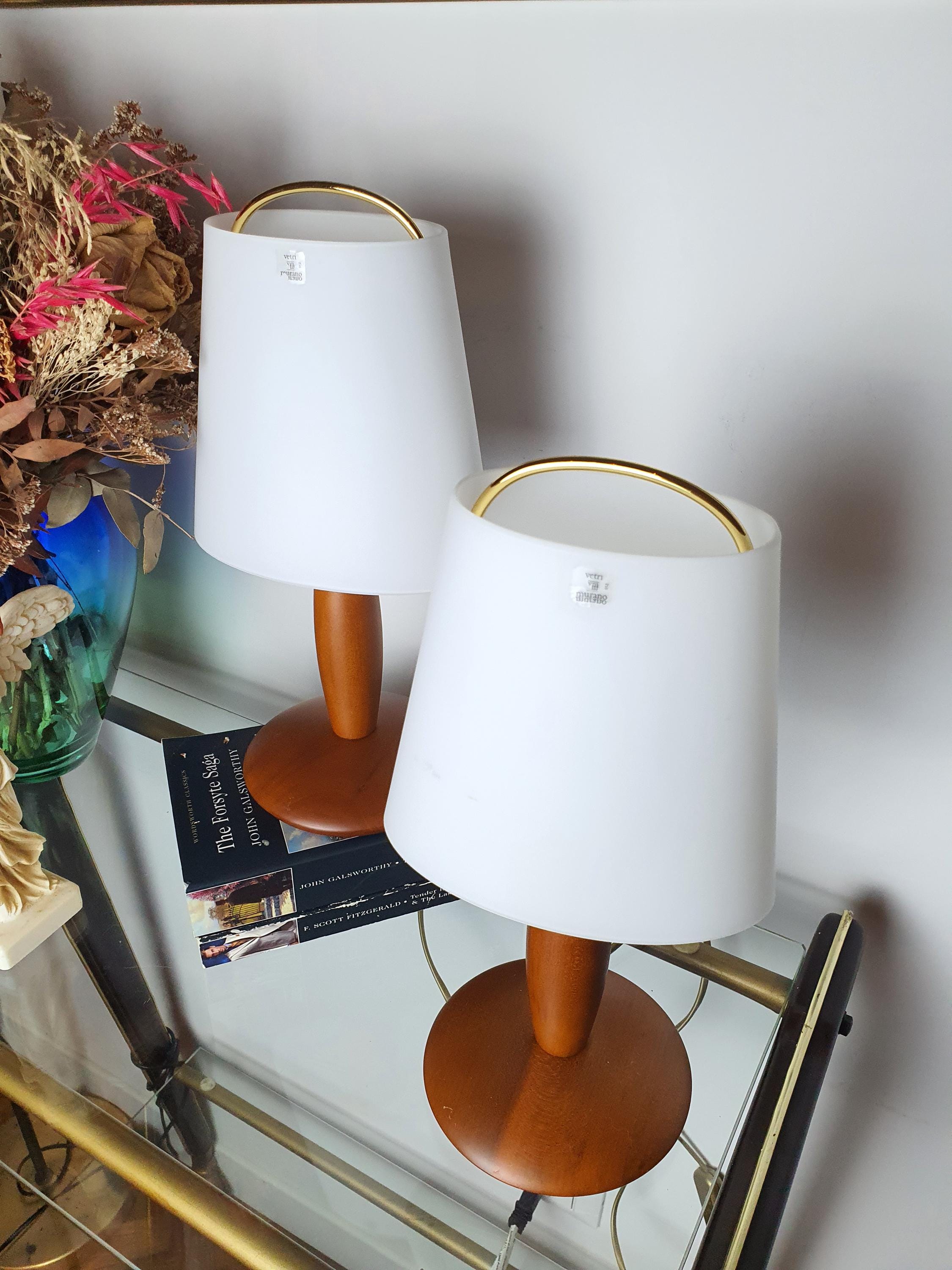 Due P. Vintage Murano Glass Desk Lamps | Pair of Italian Midcentury Wooden-Base Lights