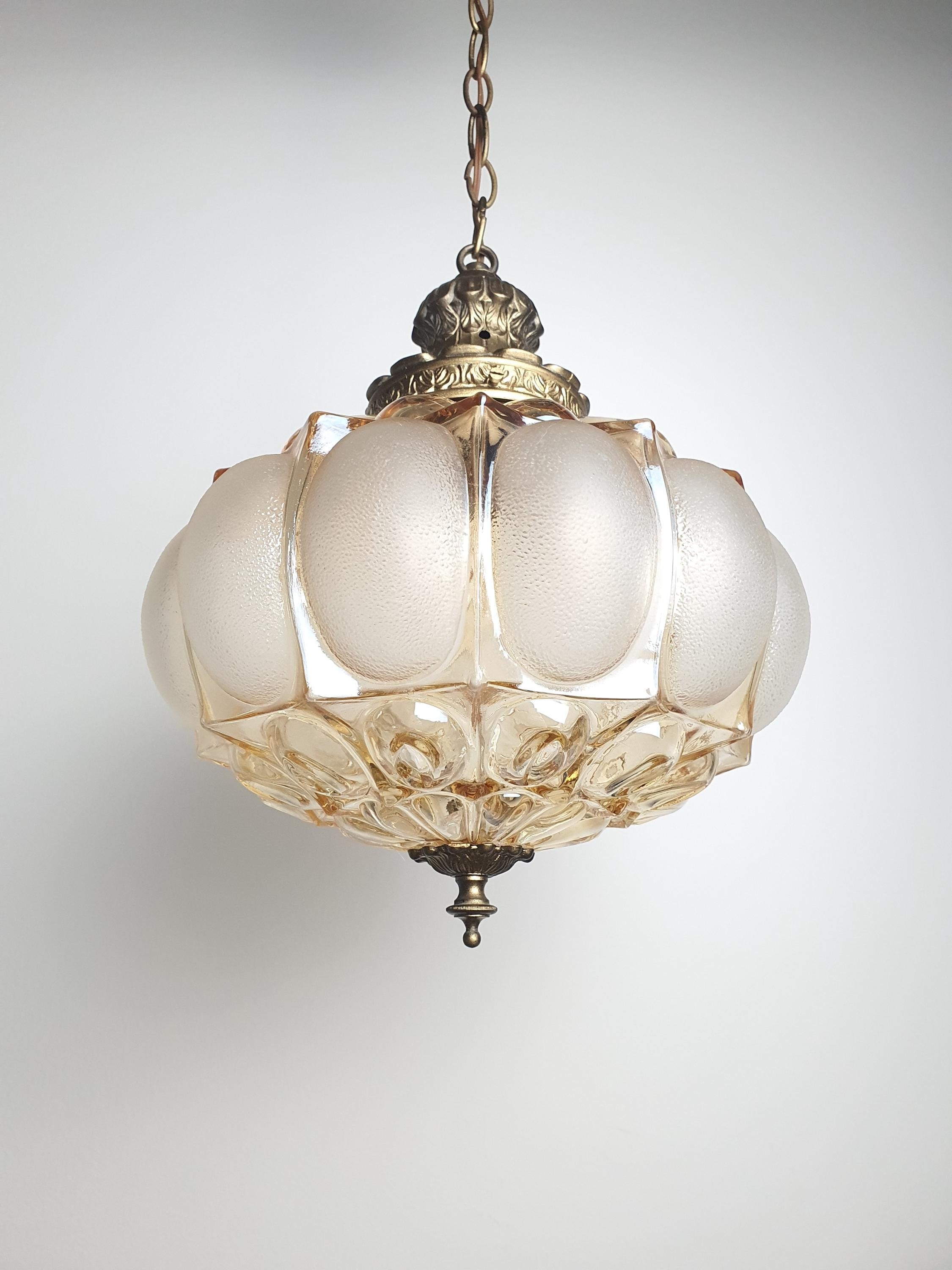 Art Deco Pendant Light – Stamped Beige Glass with Pearl Finish & Bronze Fixture