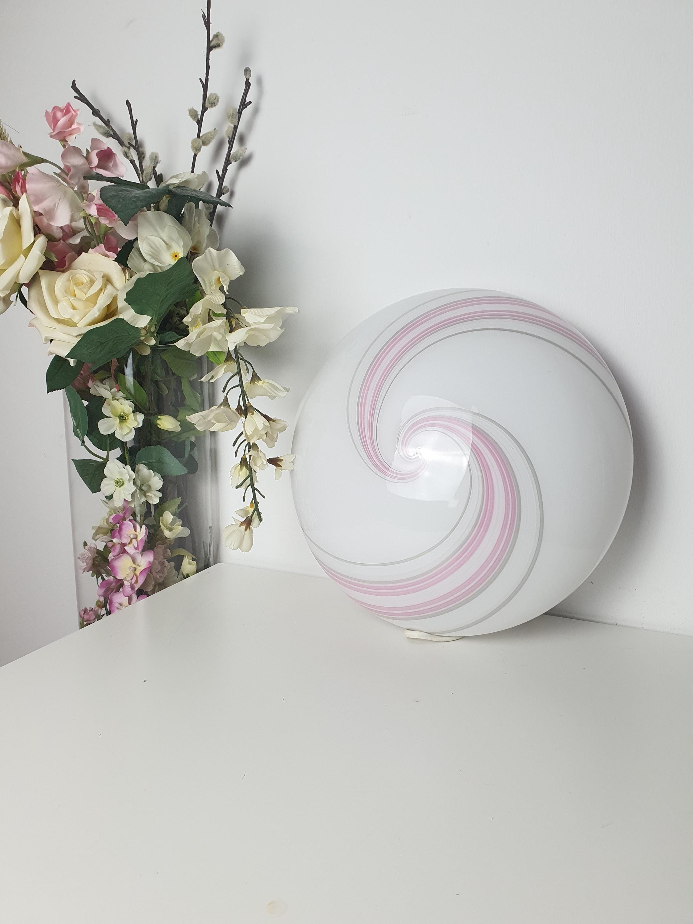 Vintage Murano glass white pink grey swirl flush mount or sconce