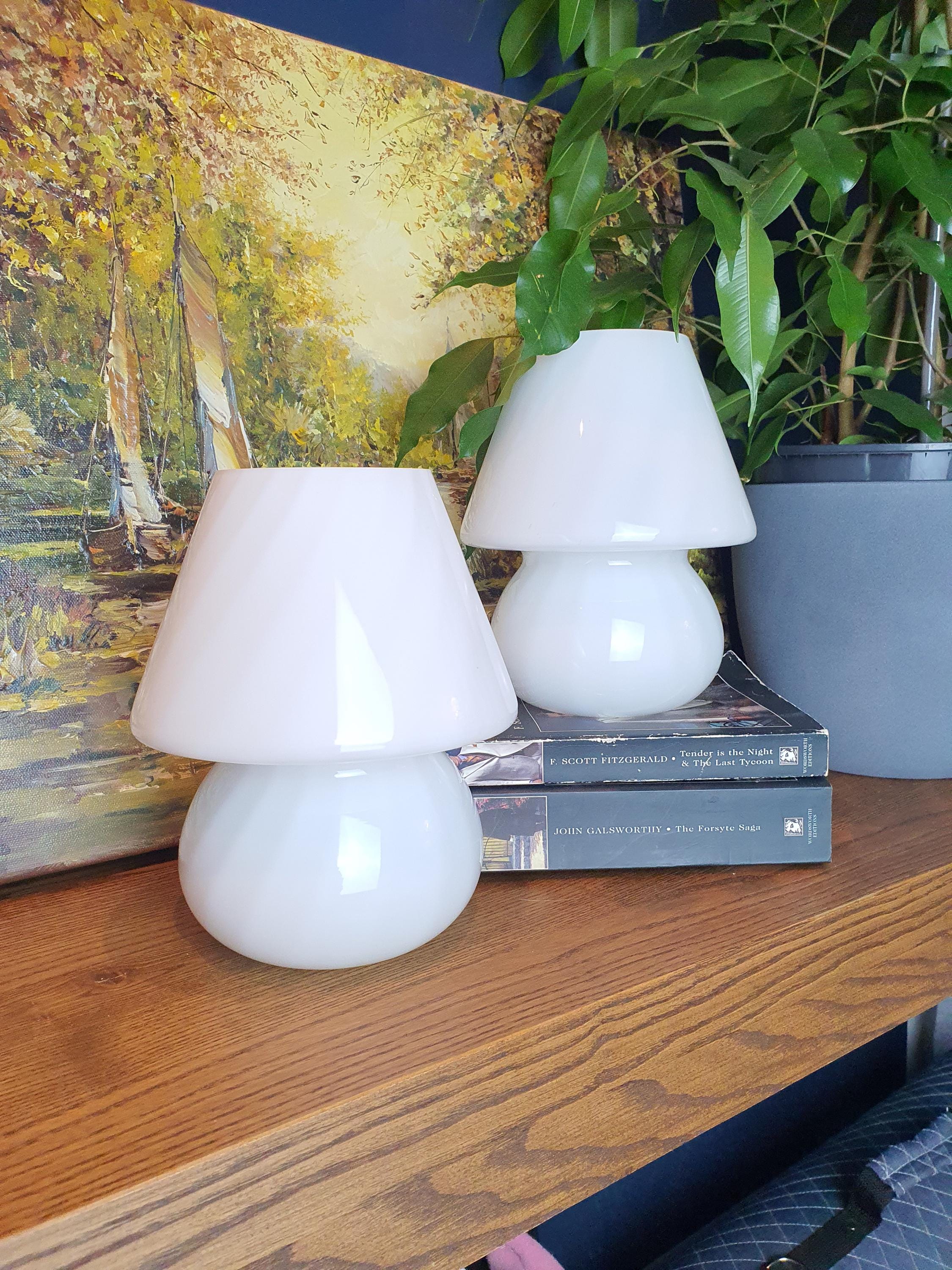 Vintage Murano Glass Mushroom Lamps: White Swirl Bedside Lighting