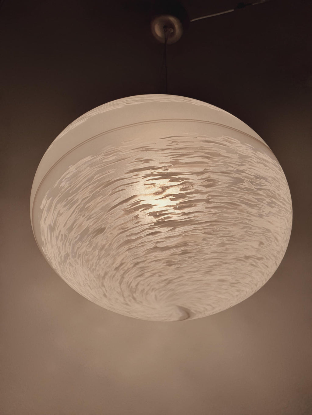 Murano Glass Pendant Light: Retro White Swirl Globe, Mid-Century Scandinavian Lamp