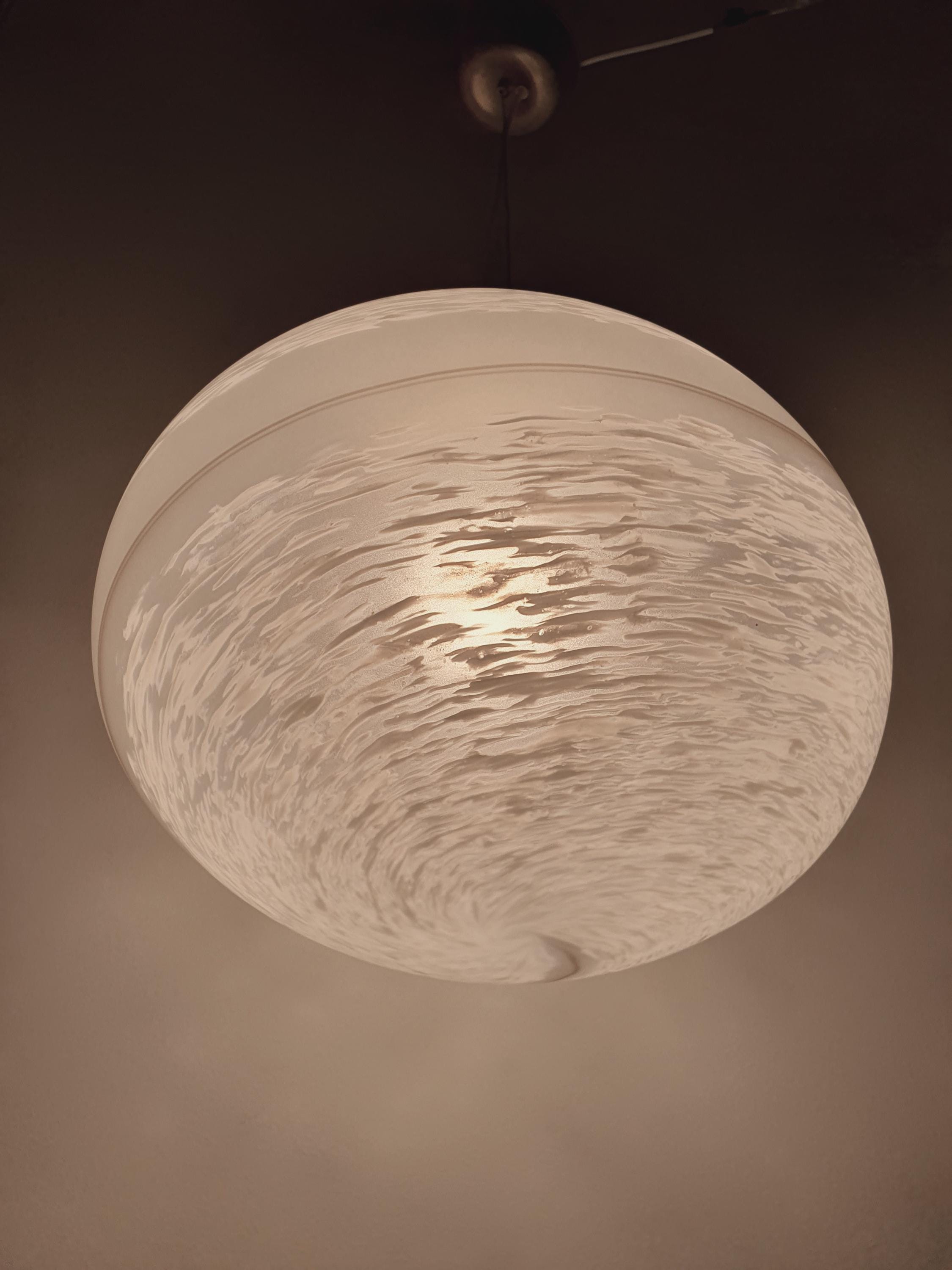 Murano Glass Pendant Light: Retro White Swirl Globe, Mid-Century Scandinavian Lamp