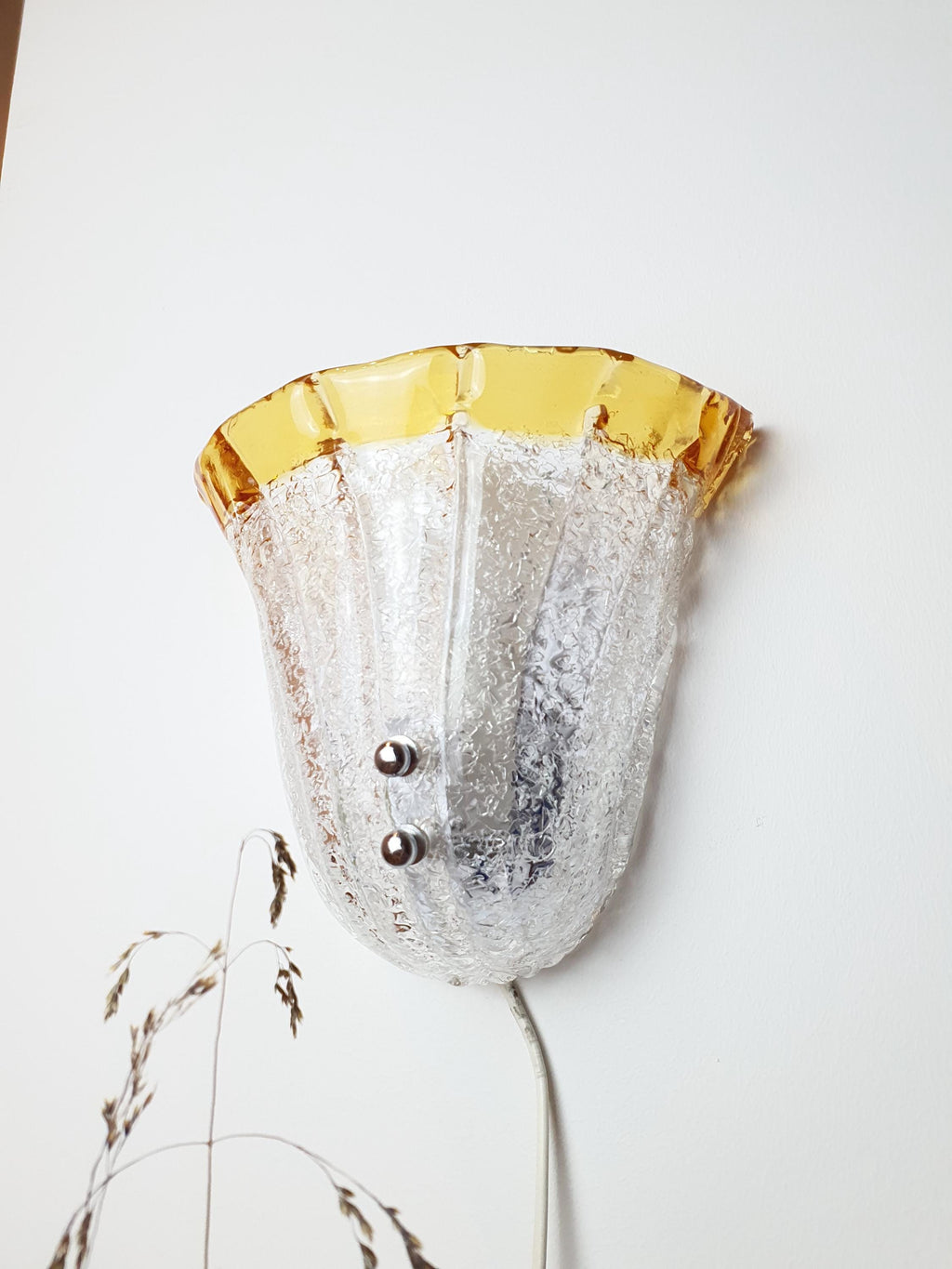Vintage Murano Glass Floral Wall Sconce: Frosted Clear & Yellow, Italian Lighting