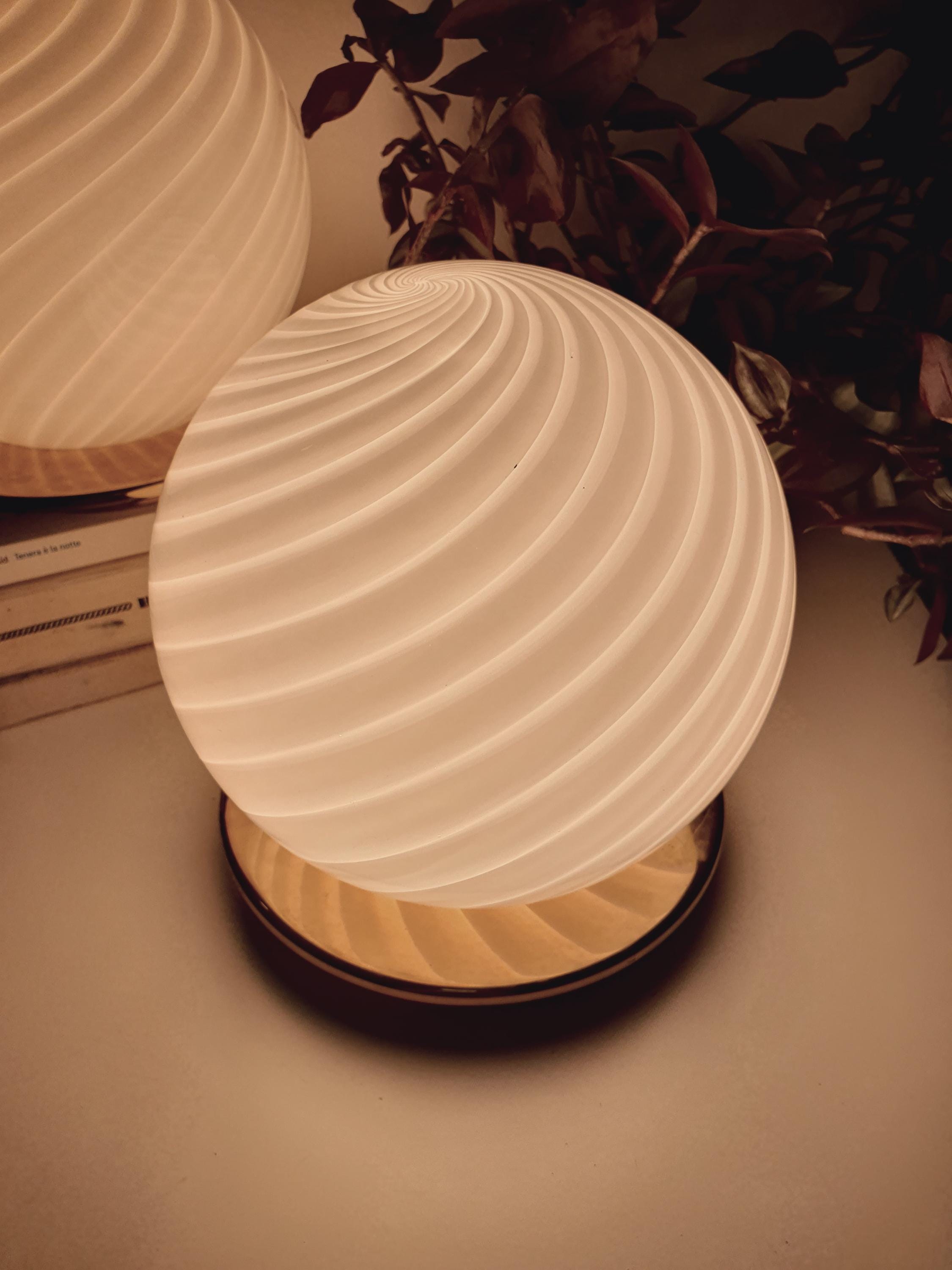 Murano Glass Table Lamps: White Swirl Globe, Brass Base, Mid-Century Modern